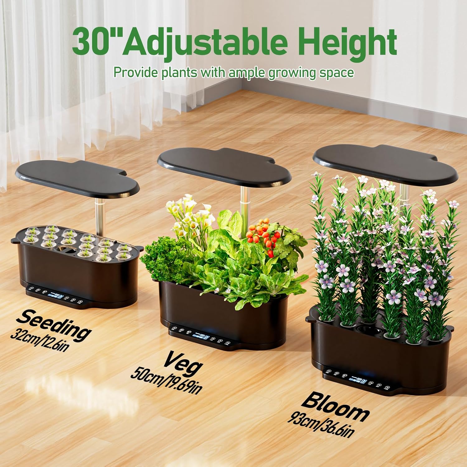SPECILITE 15 Pods 30" Adjustable Height Hydroponics Growing System Kit | 36W Grow Light, Auto Timer & Pump System, APP