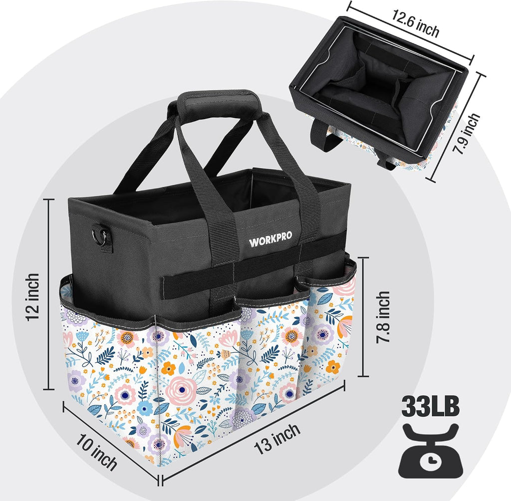 WORKPRO Garden Tool Bag, 10 Pockets and Shoulder Strap, Floral White | Heavy Duty Gardening Organizer Tote Bag