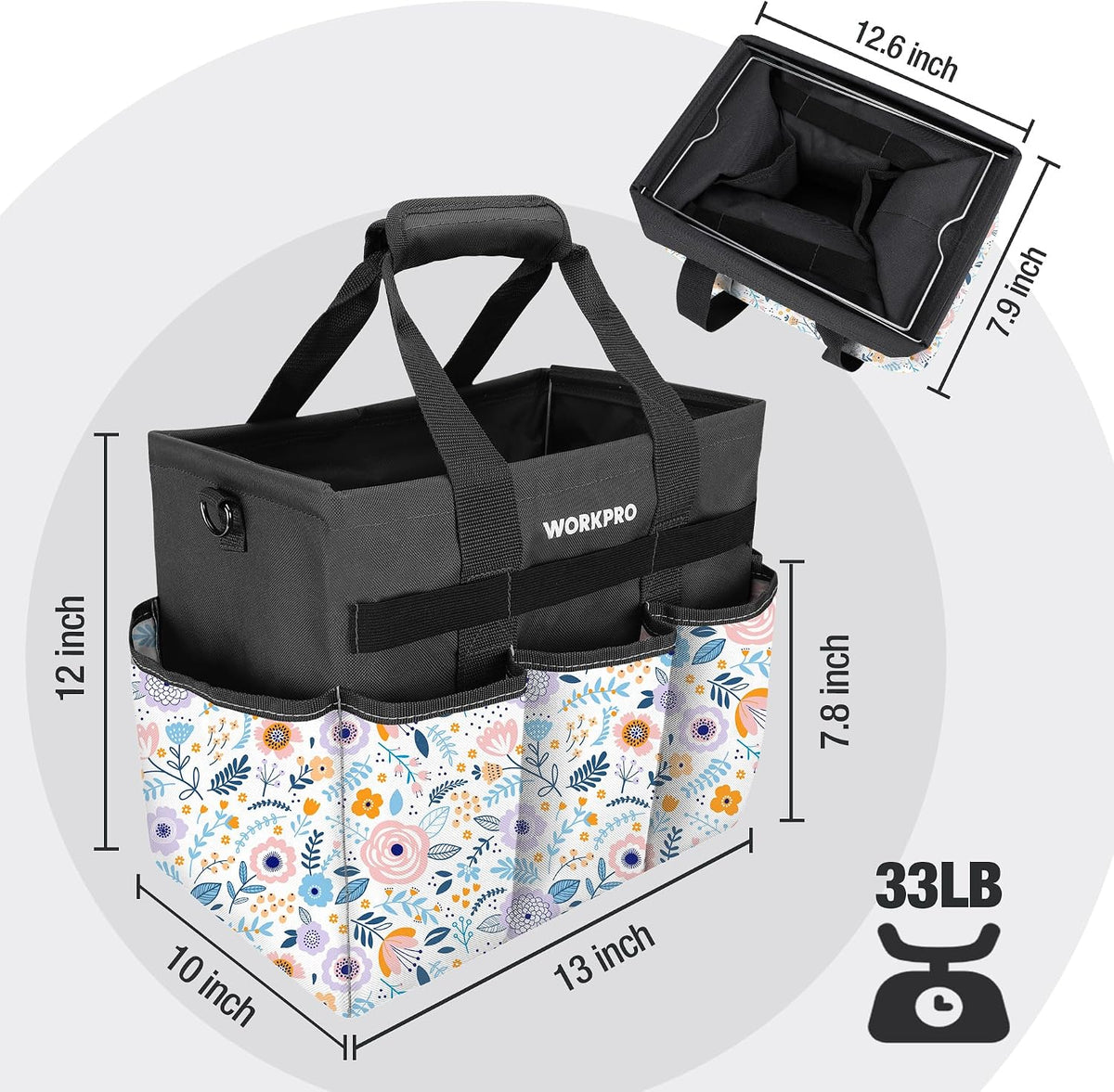 WORKPRO Garden Tool Bag, 10 Pockets and Shoulder Strap, Floral White | Heavy Duty Gardening Organizer Tote Bag