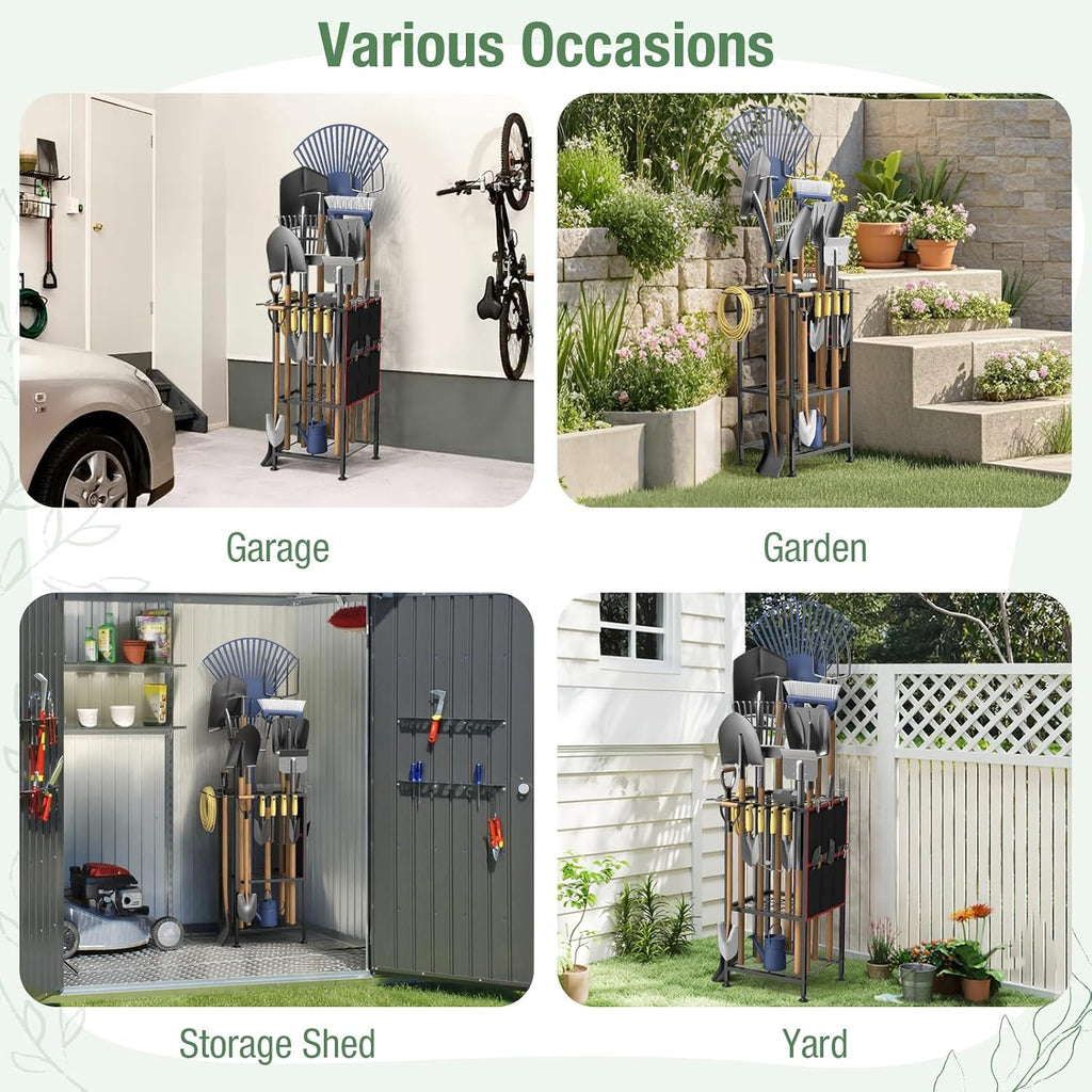 Garden Tool Organizer,Metal Yard Tool Organizer ,Holds 50 Long-Handled Tools/Rakes/Brooms,Side Garden Pocket ,Heavy