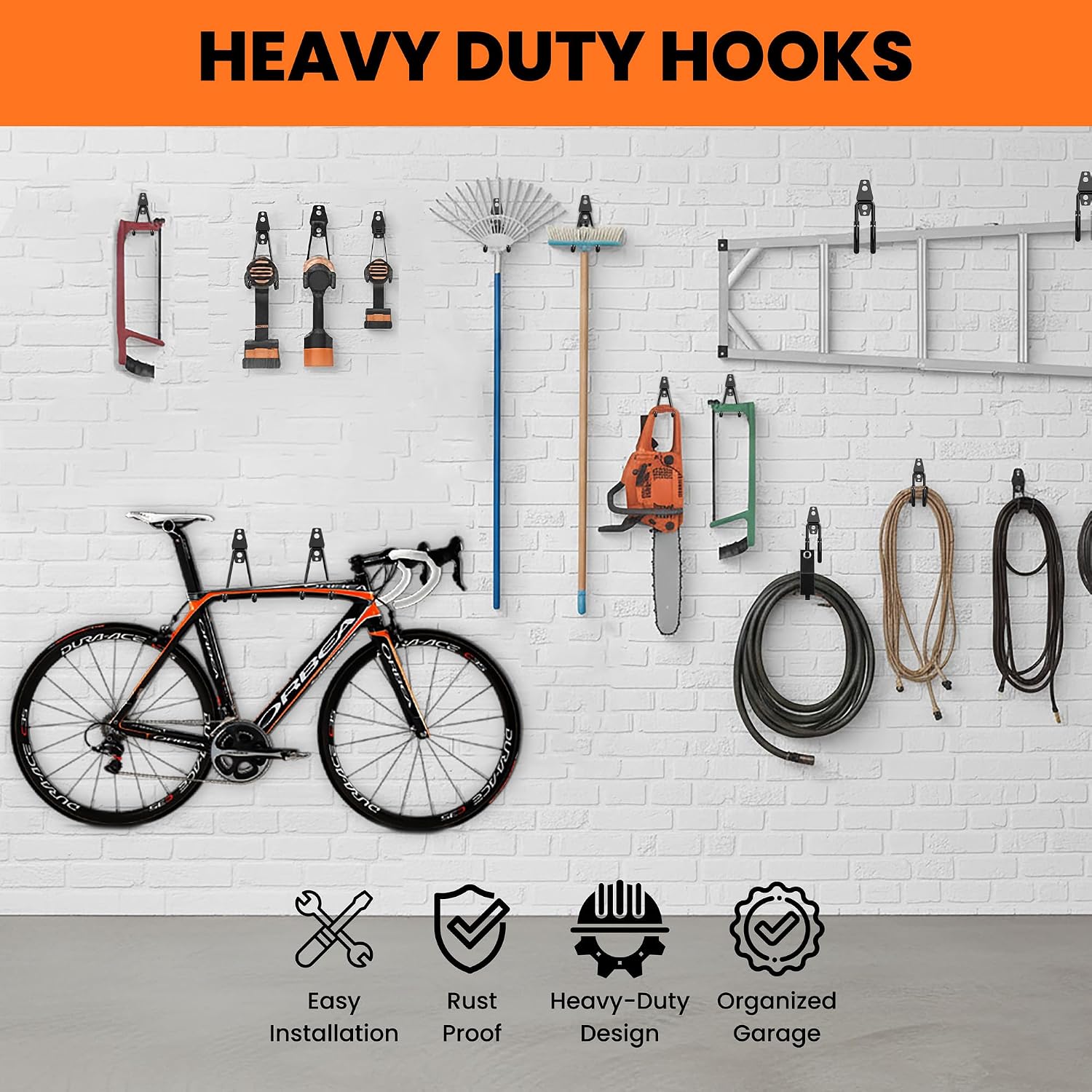 16 Pack Heavy Duty Garage Hooks, Wall Mounted Tool Hangers | PVC-coated hooks for bikes, ladders, garden tools and