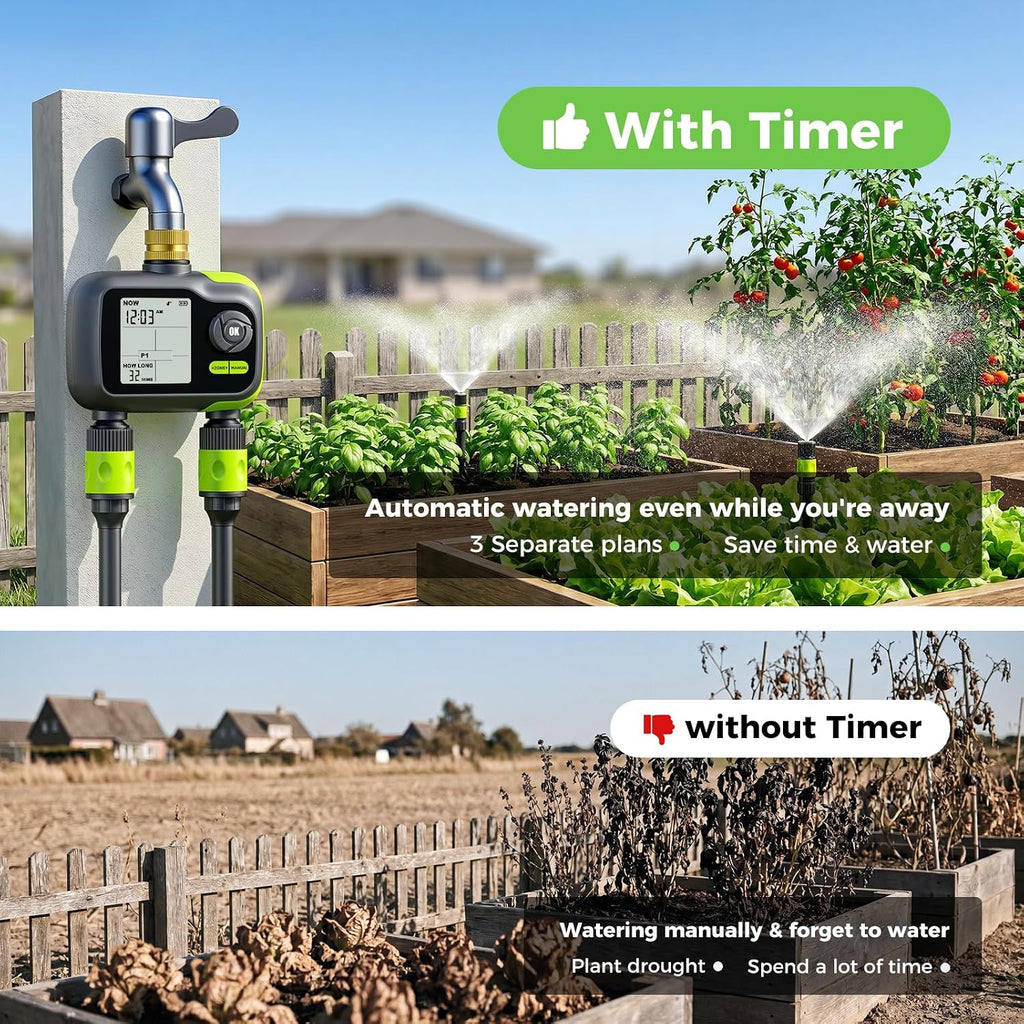 Sprinkler Timer, Watering Timer for Garden Hose, 2 Outlets Programmable Hose Timers with Rain Delay, Outdoor Soaker