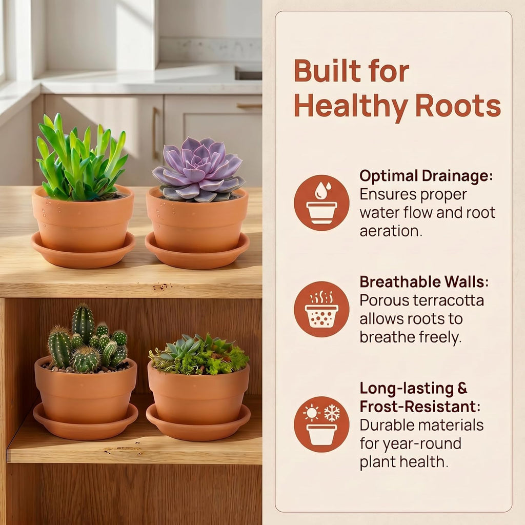 4 Pack Terracotta Pots with Saucer, 6 Inch Large Terra Cotta Plant Pot with Drainage Hole, Clay Flower Planter Pot with