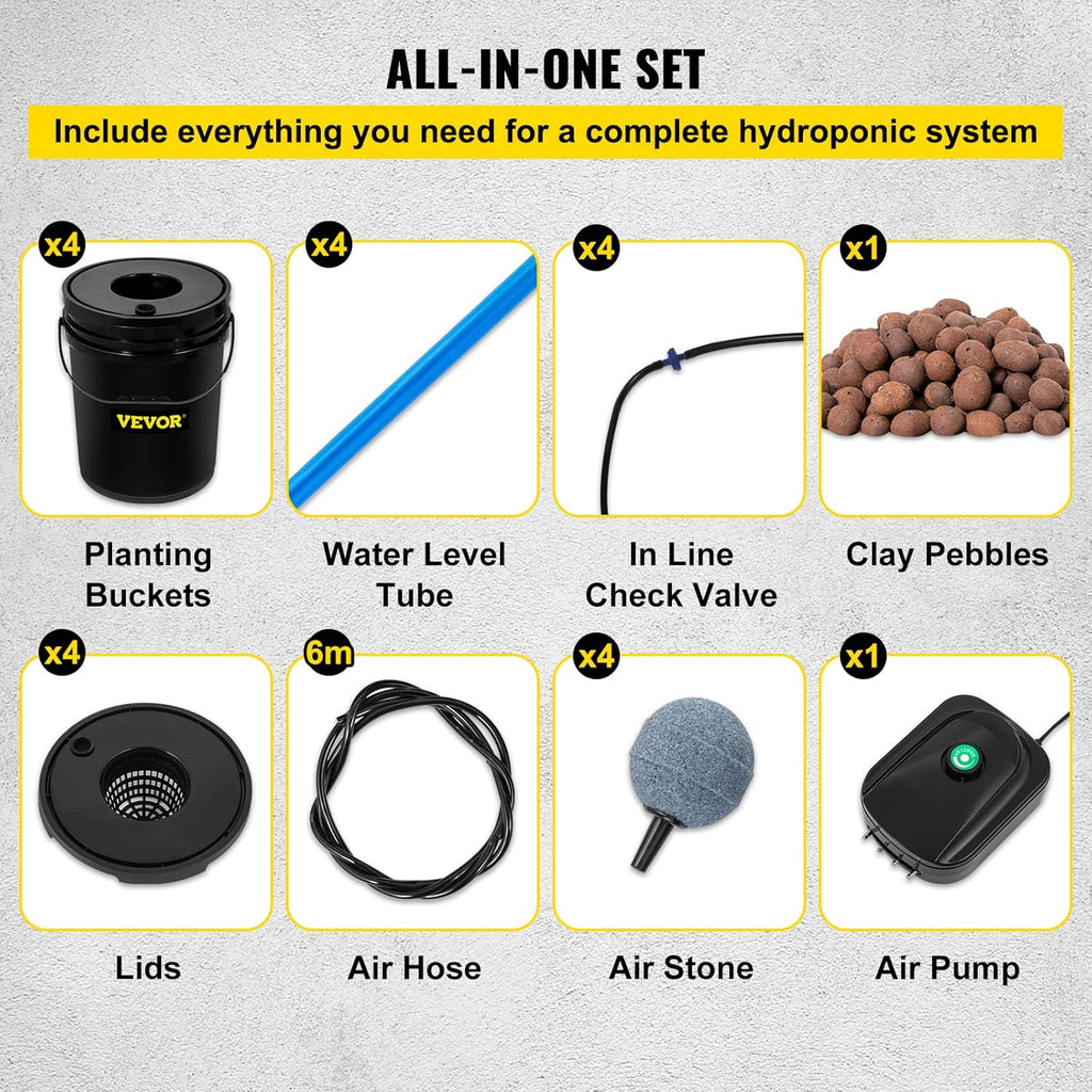 VEVOR DWC Hydroponic System, 5 Gallon 4 Buckets, Deep Water Culture Growing Bucket, Hydroponics Grow Kit with Pump, Air