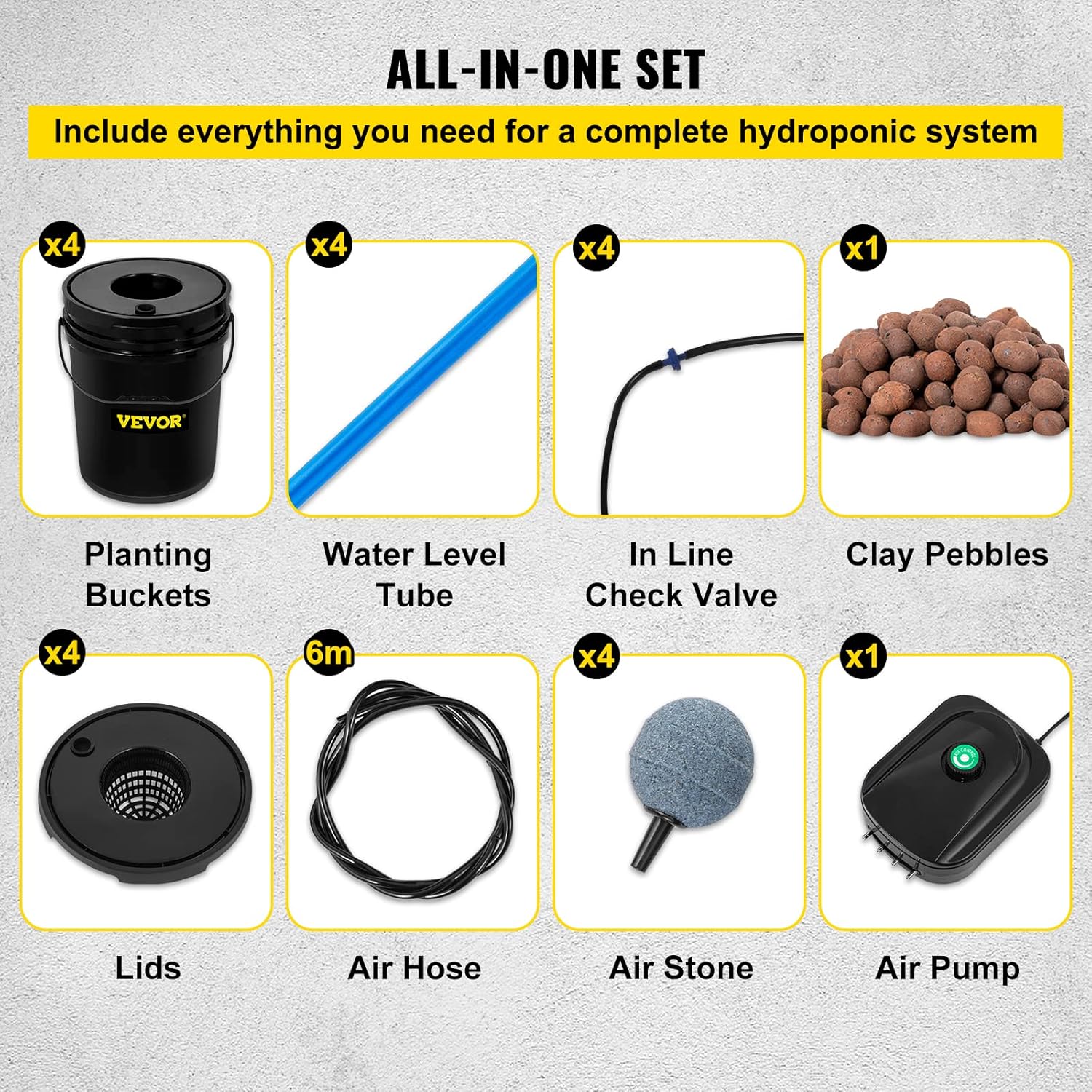 VEVOR DWC Hydroponic System, 5 Gallon 4 Buckets, Deep Water Culture Growing Bucket, Hydroponics Grow Kit with Pump, Air