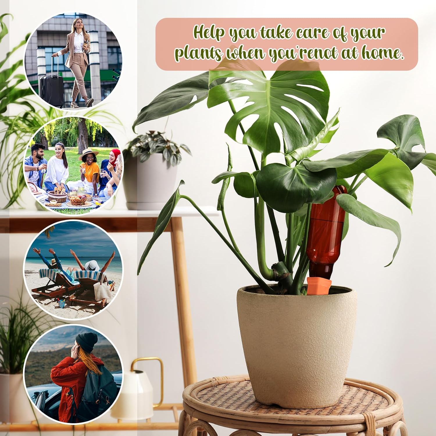 SiliFine 6 Sets Terracotta Self Watering Spikes with 26 oz Plastic Bottles, Plant Watering Devices Slow Release