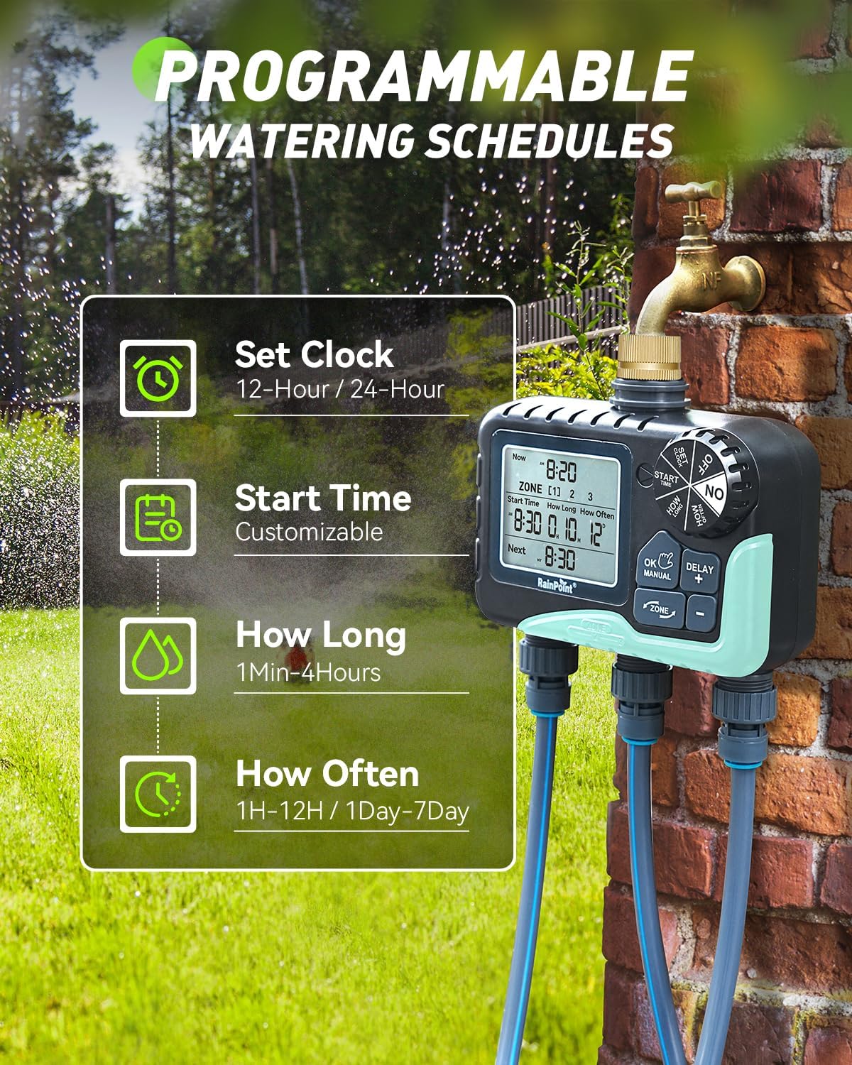 RAINPOINT 3 Zone Sprinkler Timer with Brass Inlet, Water Timer for Garden Hose,Rain Delay/Manual/Automatic Watering