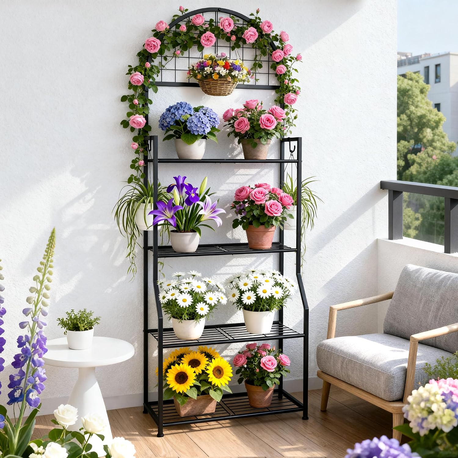 VGMiu 4 Tier Plant Stand Indoor Outdoor, Metal Plant Shelf for Multi Plants | Black Plant Display Stand Flower Plante