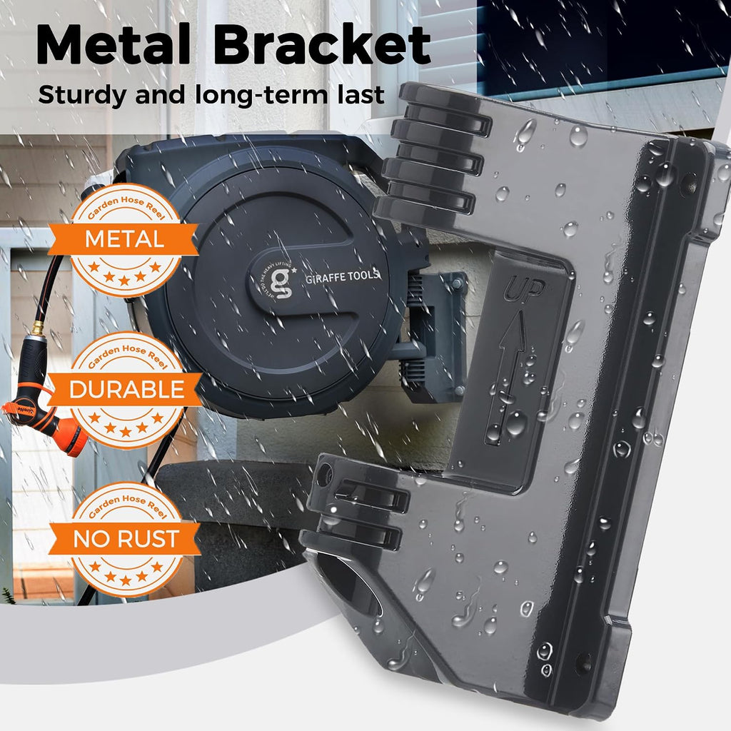 Giraffe Tools Retractable Garden Hose Reel 1/2"130FT Metal Bracket | Any Length Lock,Auto Rewind System,Wall Mount,180°