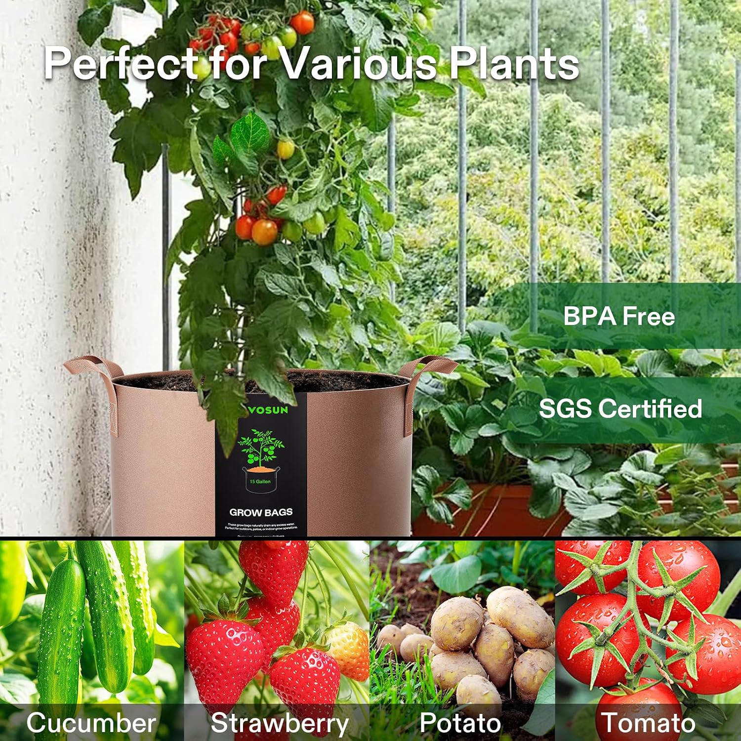 VIVOSUN 5-Pack 15 Gallon Plant Grow Bags Fabric Pots with Handles | 300G Thickened Nonwoven Fabric, Excellent Drainage