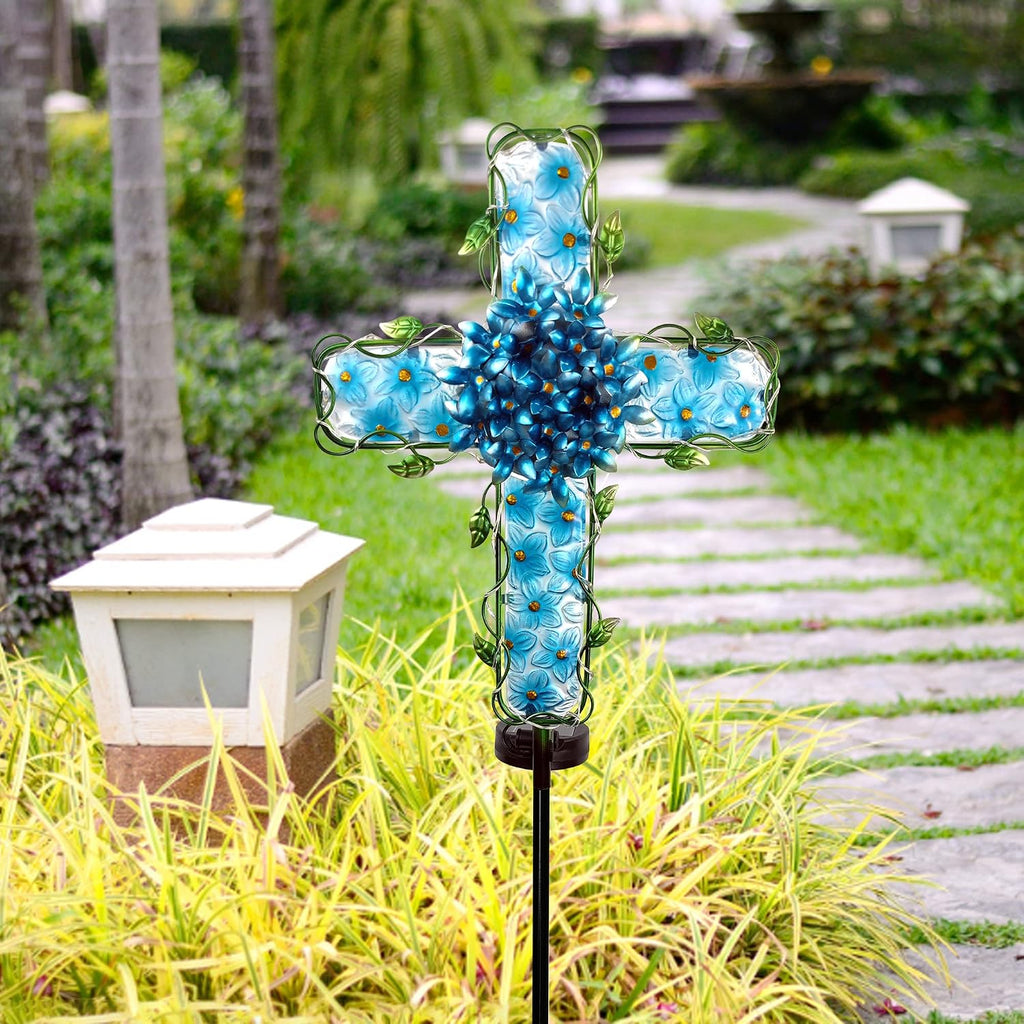 COOZZYHOUR Solar Cross Garden Lights Outdoor Decorative - Solar Metal&Glass Cross Blue Hydrangea Flower Stake Lights