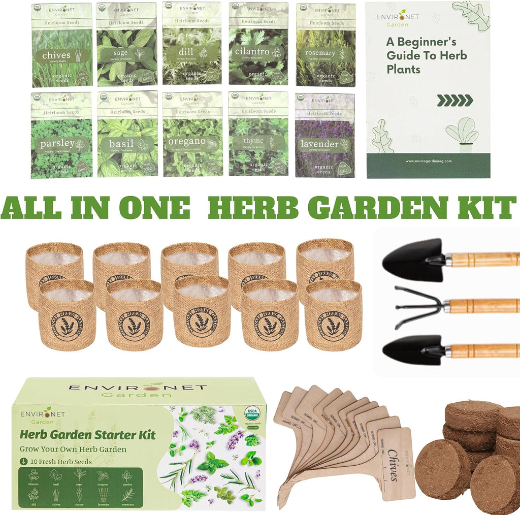 10 Indoor Herb Garden Kit- Burlap Pots, Organic Seeds, Herb Garden Planter Indoor Kit, Easy Window & Kitchen Herbs
