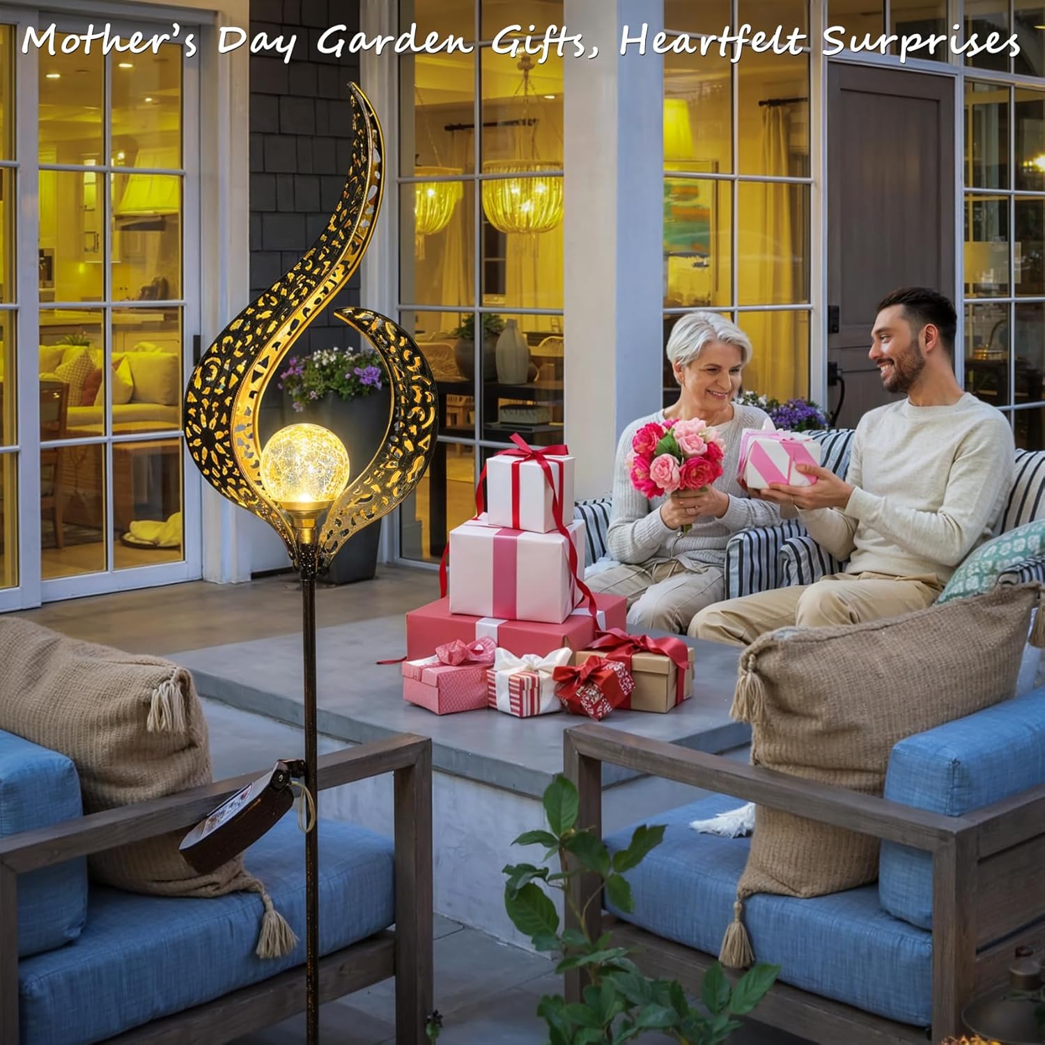 Outdoor Garden Gifts Solar Lights Stake Waterproof, Mothers Day Gifts Mom, Crackle Glass Metal Flower LED Yard Art