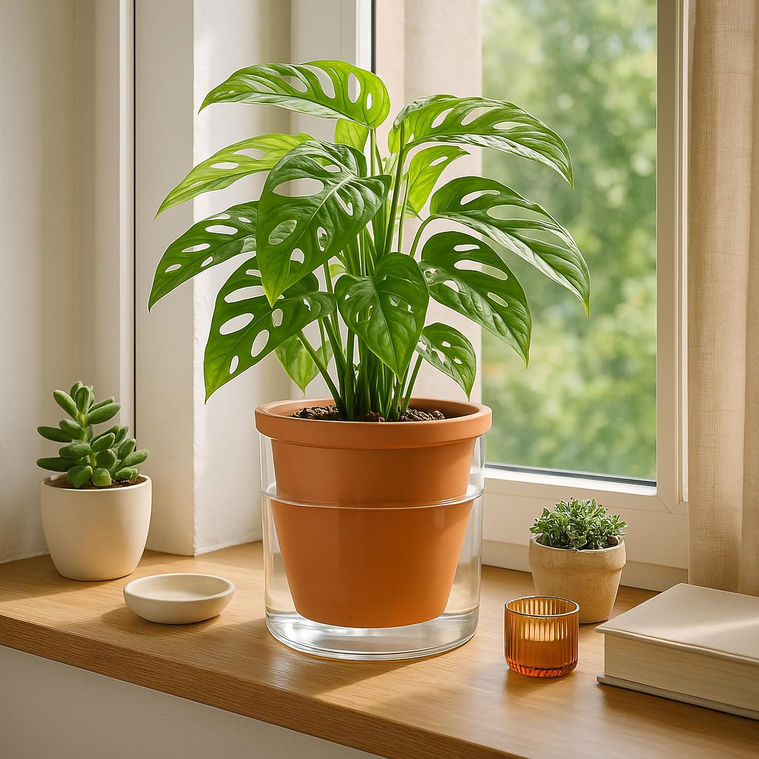 D'vine Dev Self Watering Terracotta Planter Pot, 6 in, 2-Pack, 37-Y-B-1 | Terracotta & Glass Design, Clear Water