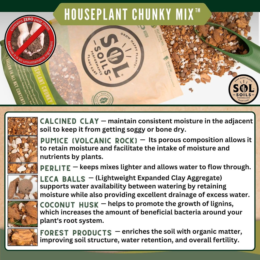 Chunky Houseplant Mix - Fast Draining Soil for Indoor Plants with Coco Coir Chips, Perlite, & Pumice, 2 Quart