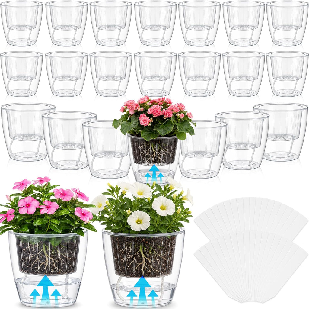 24 pcs Self Watering Pots 3.5 Inch Plastic Flower Plant Pot with Inner Pot Self Watering Wick Planter Clear Flower pots