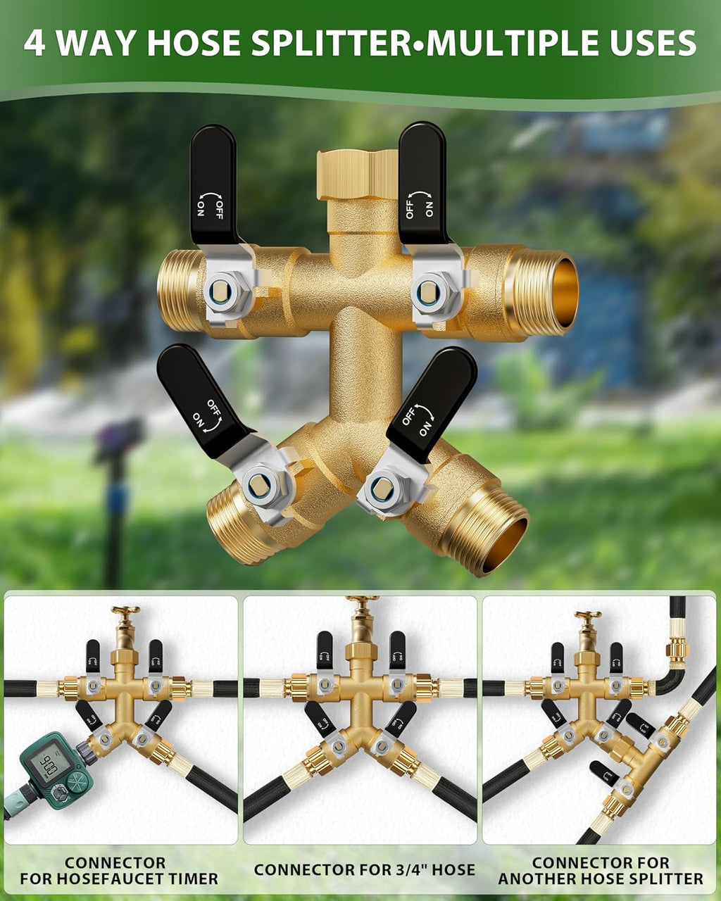 4 Way Hose Splitter, Heavy Duty Brass Garden Hose Splitter, Water Hose Bib Spigot Splitter with 0.59" Full Flow Ball