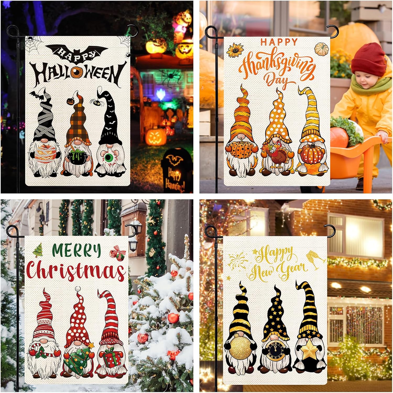 Gnomes Seasonal Garden Flags Set of 12, All Seasons and Holidays, Burlap, 12x18 inch, Double Sided, Fade Resistant