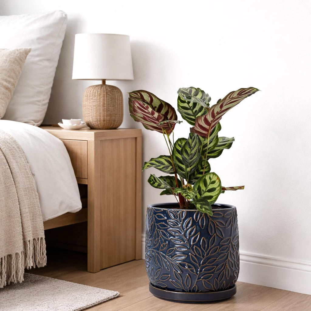 D'vine Dev Embossed Leaves Ceramic Planter, 8 in, Midnight Blue, 27-A-Q-3 | Nature-Inspired Leaf Pattern, Handcrafted