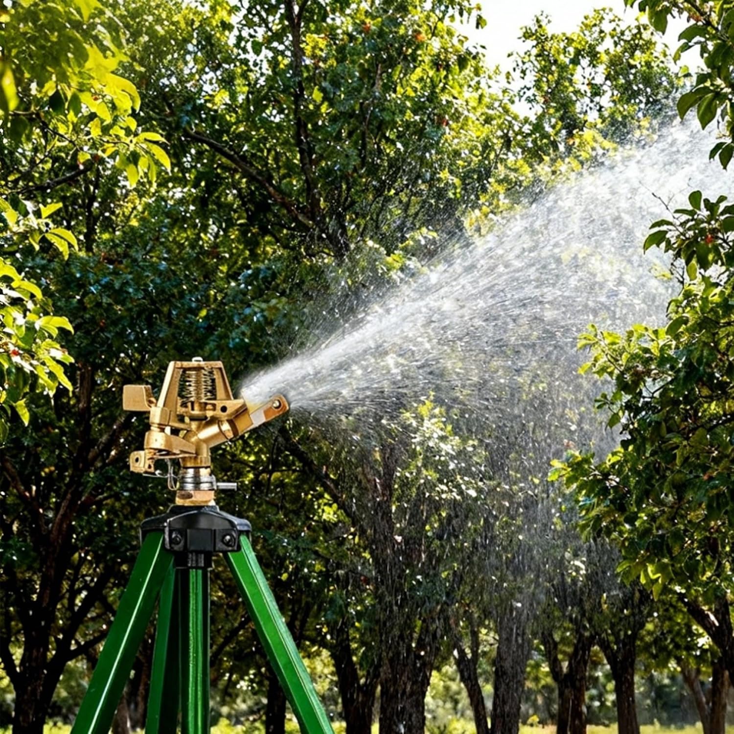 Impact Sprinkler on Tripod Base, 360° Adjustable Brass Sprinkler Head with Stakes, Heavy Duty Metal Tripod Lawn