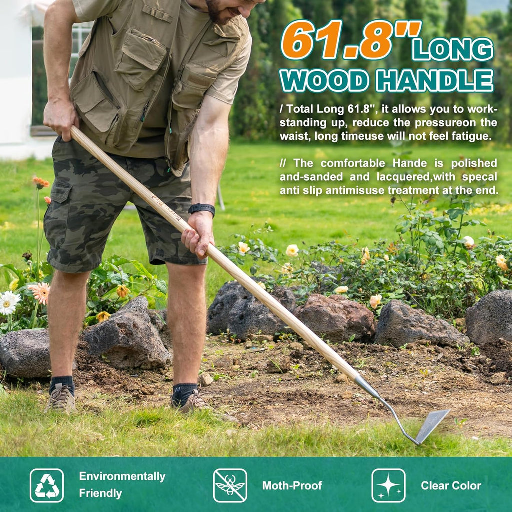 Berry&Bird Swoe Garden Hoe, 61.8'' Stainless Steel Long Handled 3 Edge Hoe with Wooden Hand, Mini Angled/Warren Hoe