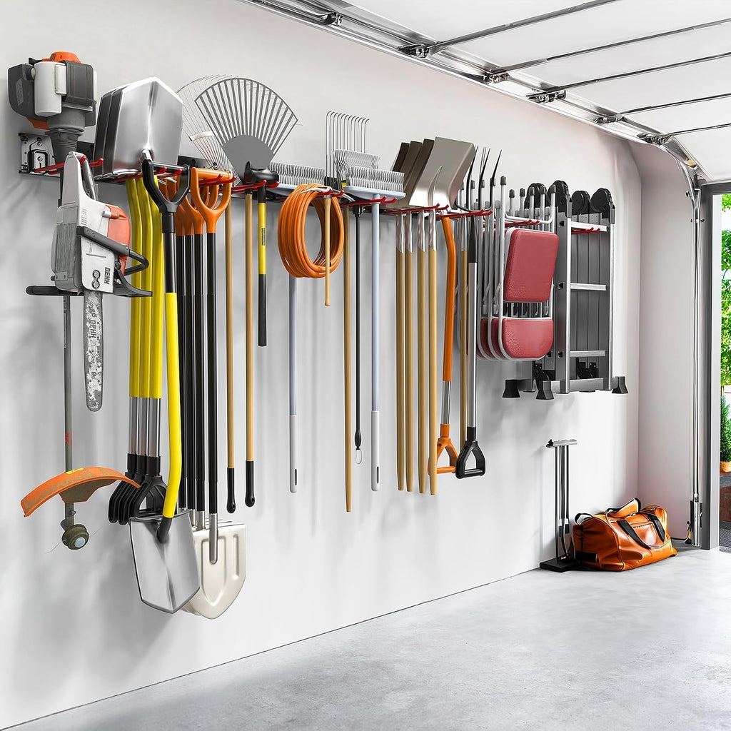 TORACK Garden Tool Organizer Wall Mounted, Garage Folding Chair Storage Rack, Tools Rack for Shovels, Rakes, Broom