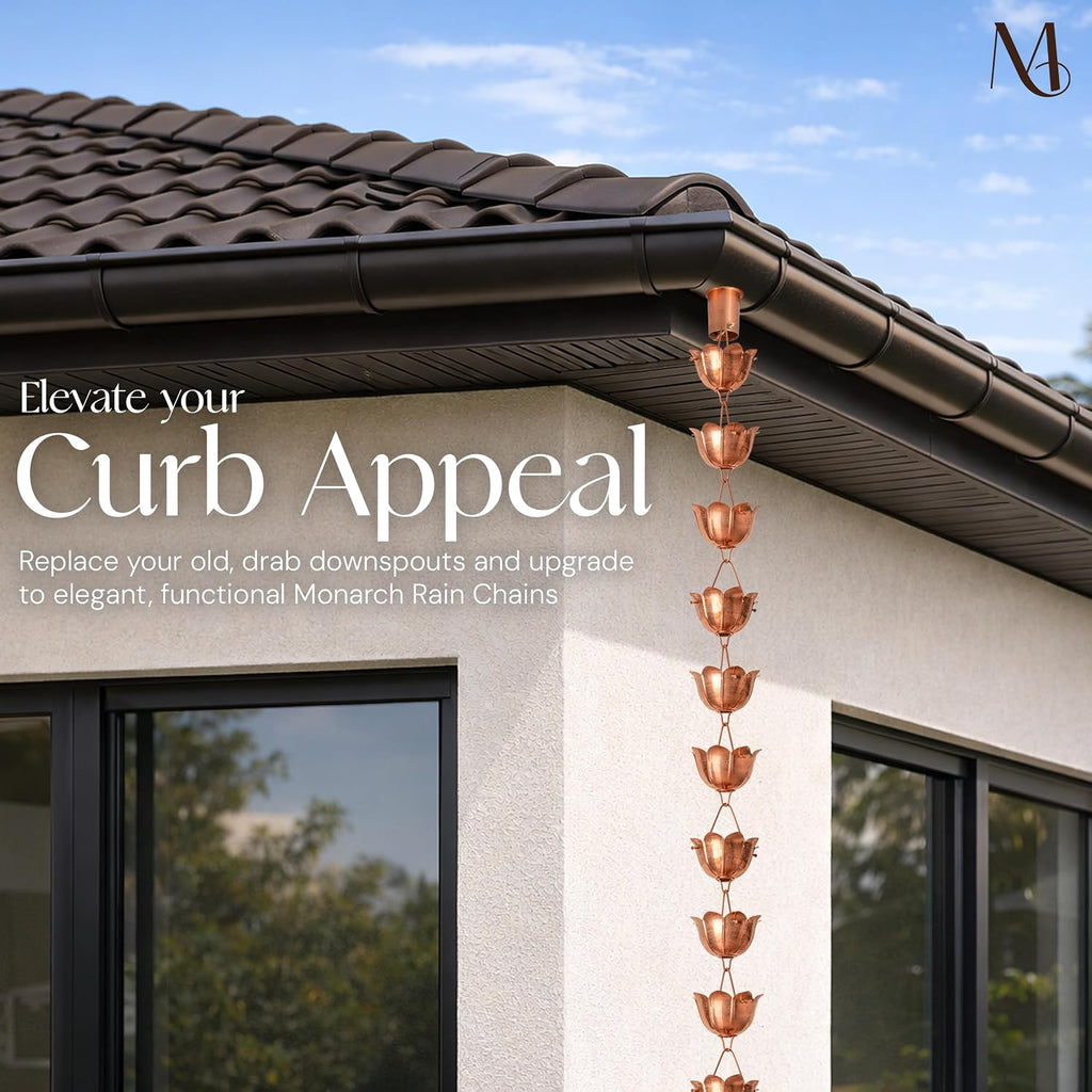 Monarch Rain Chains Pure Copper Lotus Cup Rain Chains for Gutters – 8.5 ft Decorative Rainchain Outdoor Durable Heavy