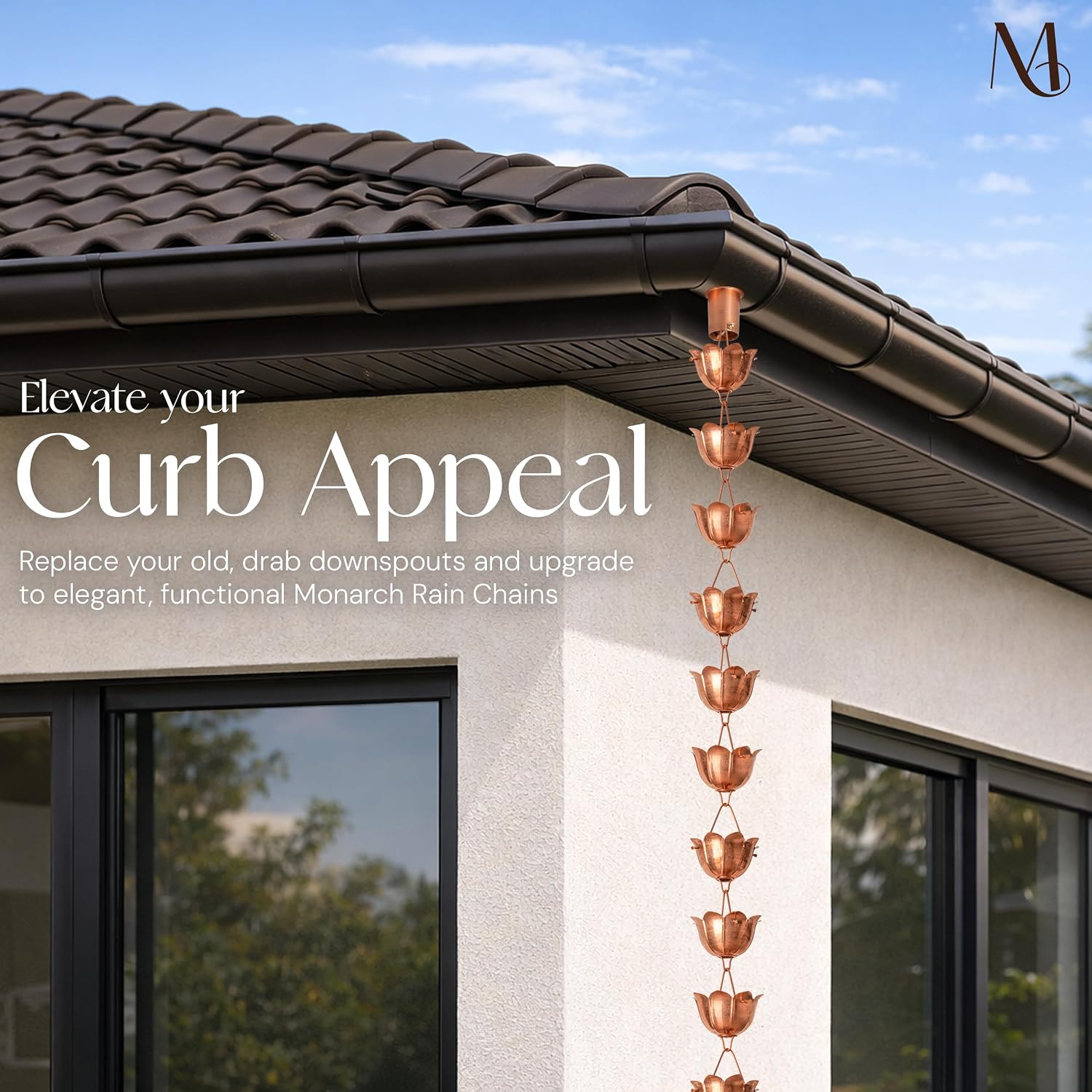 Monarch Rain Chains Pure Copper Lotus Cup Rain Chains for Gutters – 8.5 ft Decorative Rainchain Outdoor Durable Heavy