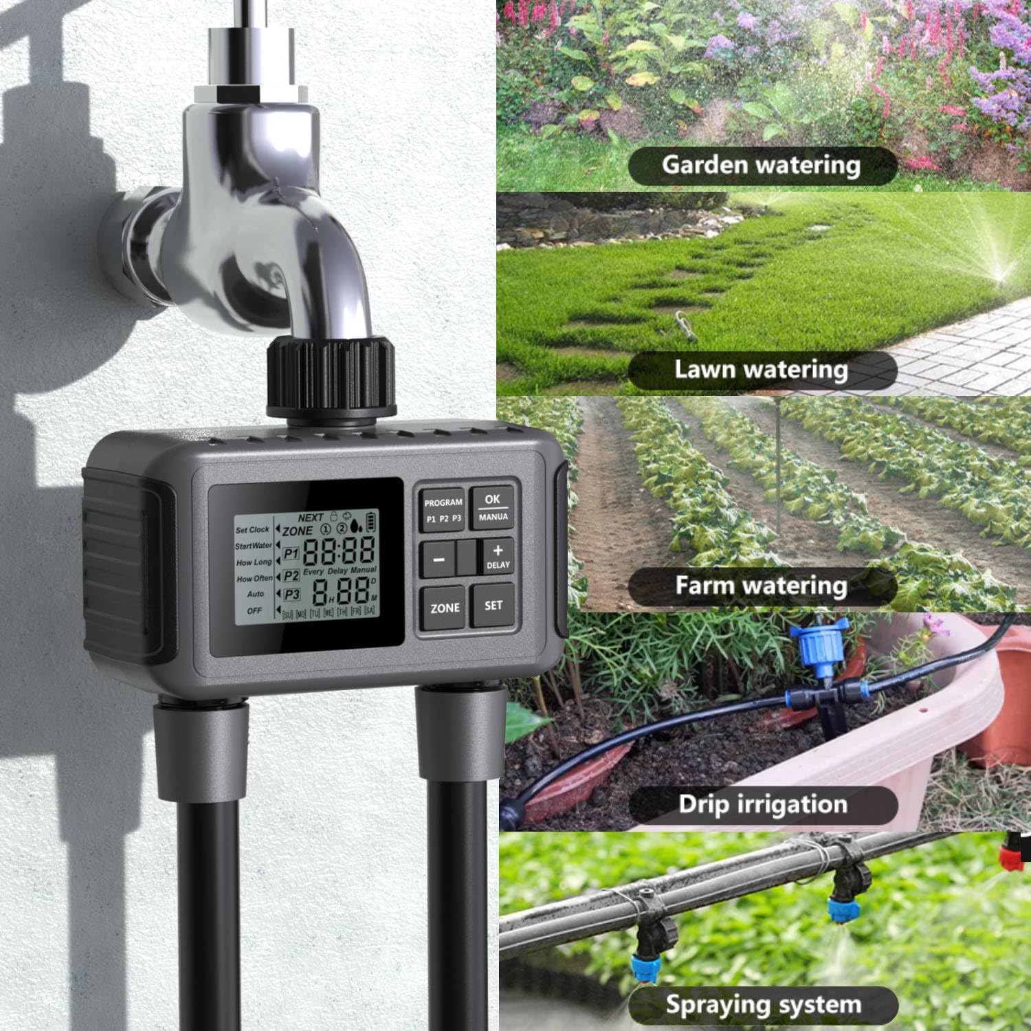 Uzoli 2-Zone Sprinkler Timer for Garden Hose, Programmable Water Timer | Automatic & Manual Mode, Rain Delay, IP55