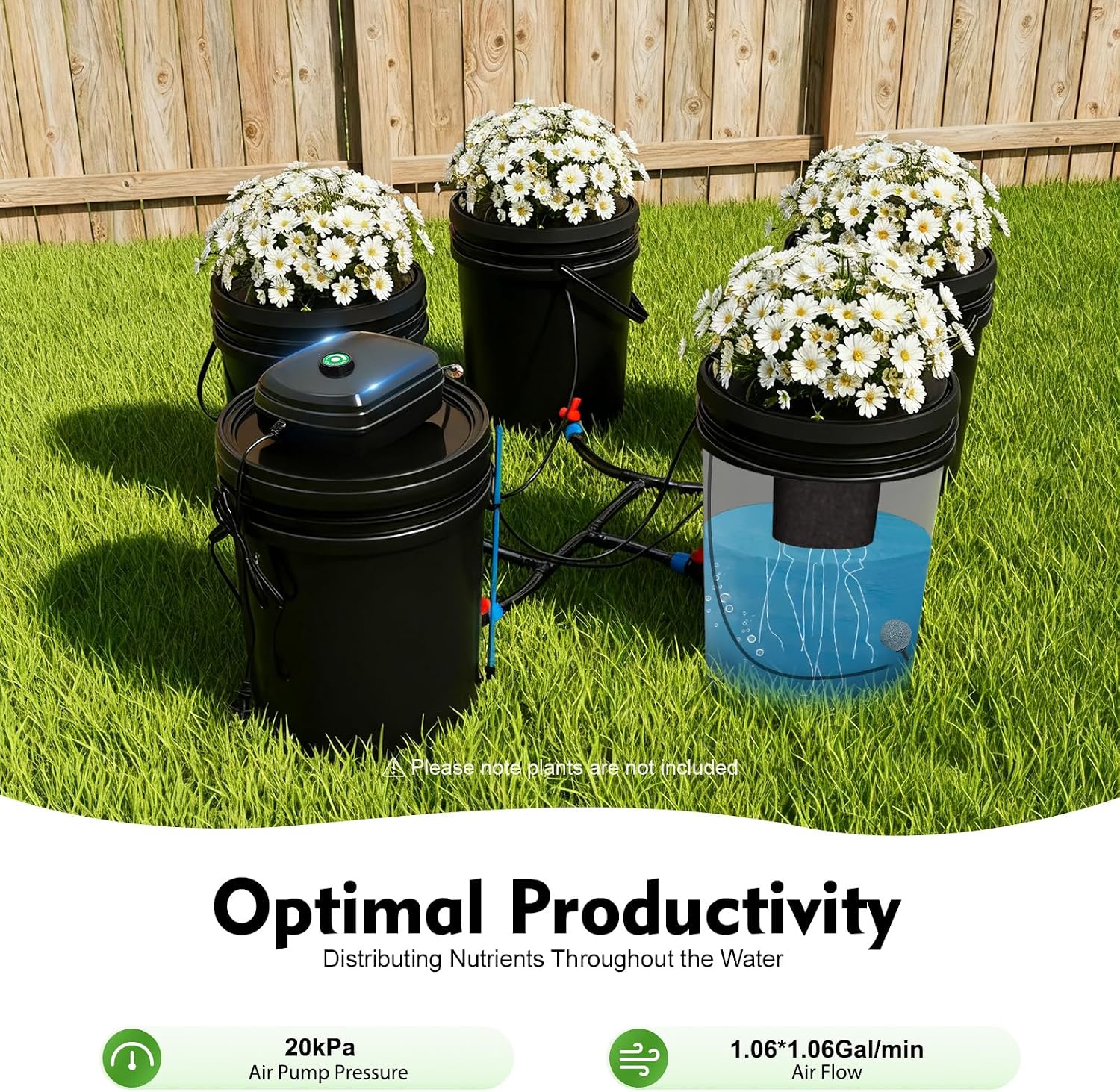 DWC Hydroponics Grow System 5.28 Gallon Deep Water Culture Kit with 12W 110V Air Pump, Five 12inch Buckets & Air Stones