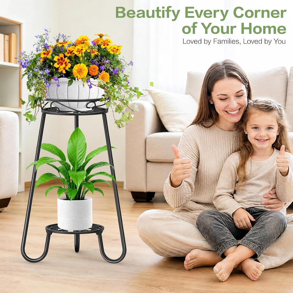 2 Tier 27.2 Inch Tall Corner Plant Stand Indoor Outdoor, Black 3 Leg | Metal Heavy Duty Flower Plant Shelf，Rustproof
