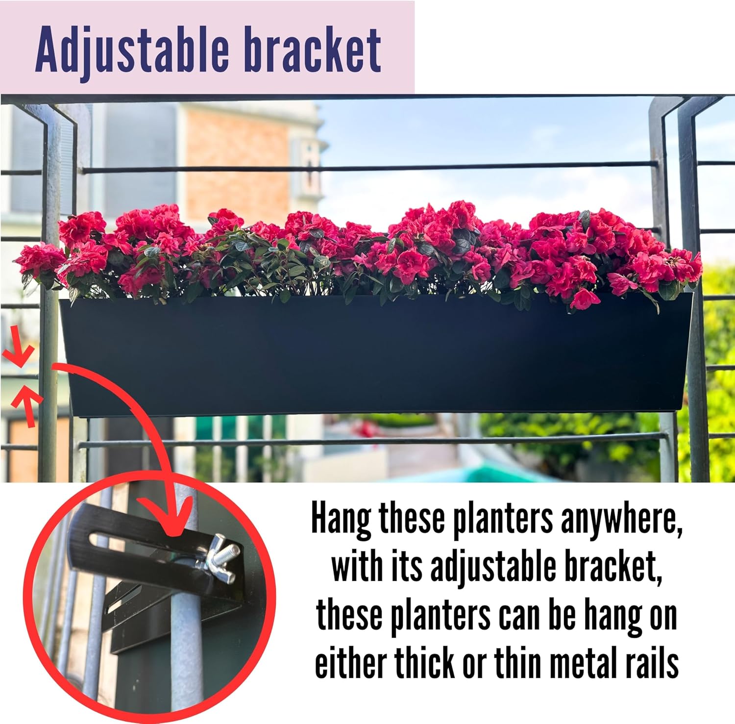 LaLaGreen Rail Planter Boxes for Outdoor (2 Pack, 40") Hanging Flower Pots with Bracket, Black Rectangular Self