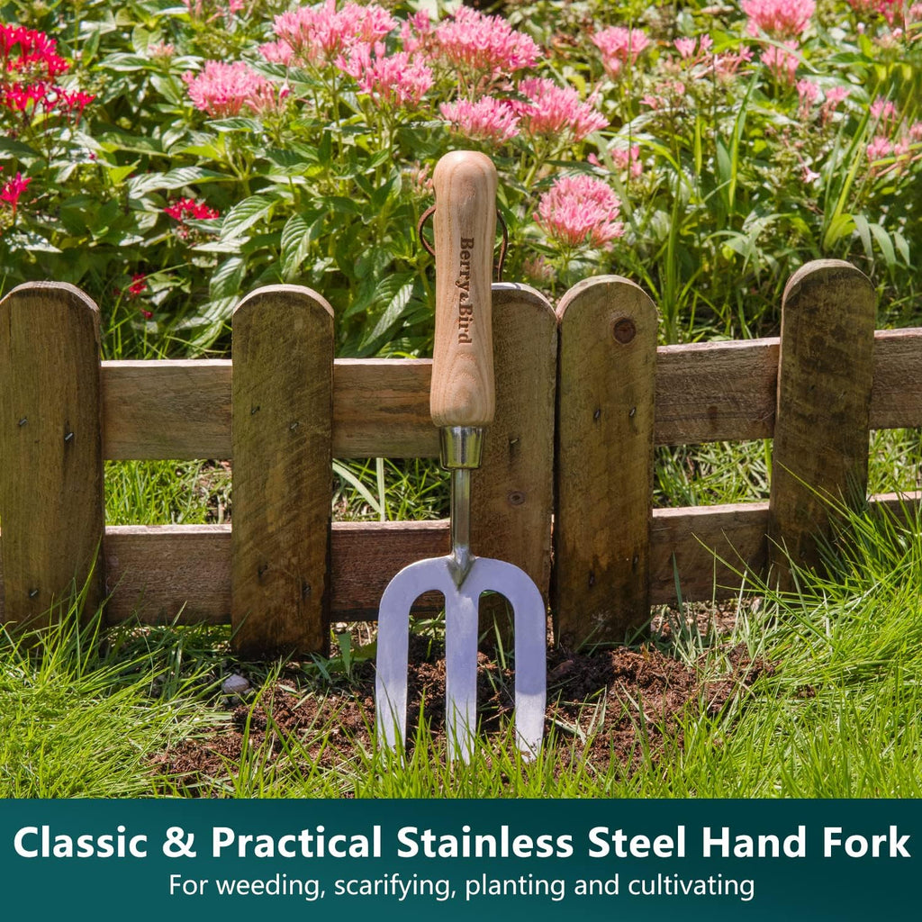 Berry&Bird Garden Tool Set- 3PCS Stainless Steel Gardening Tool Sets with Wooden Handle Trowel Weeding Fork & Digging