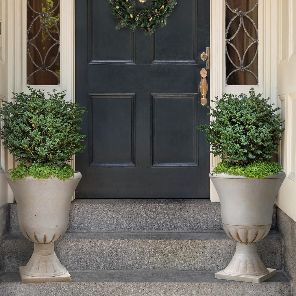 Worth Garden Plastic Urn Planters for Outdoor Plants, Tree 22'' Tall 2 Pack Round Classic Resin Flower Pots Indoor