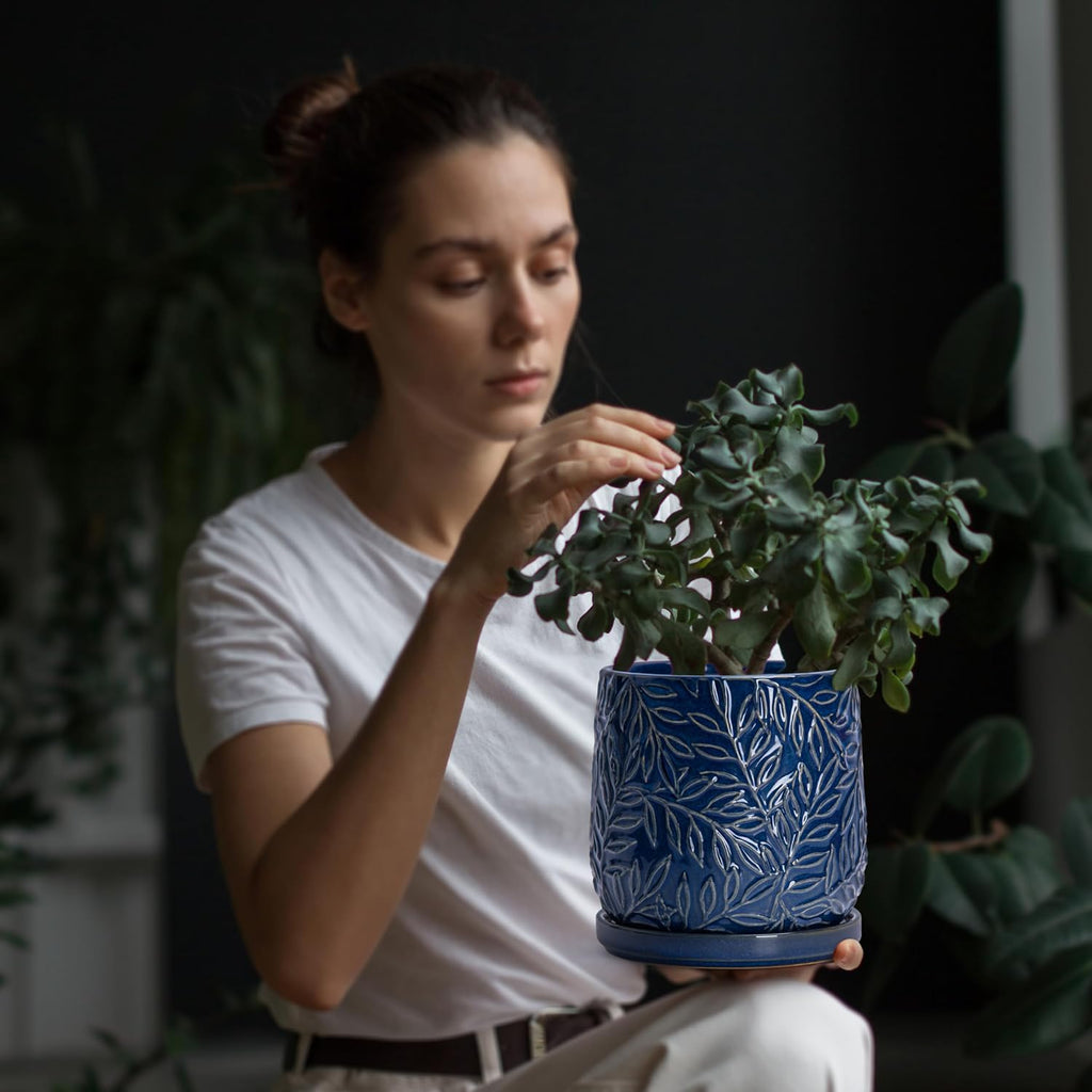 D'vine Dev Embossed Leaves Ceramic Planter, 6 in, Midnight Blue, 27-A-X-3 | Nature-Inspired Leaf Pattern, Handcrafted