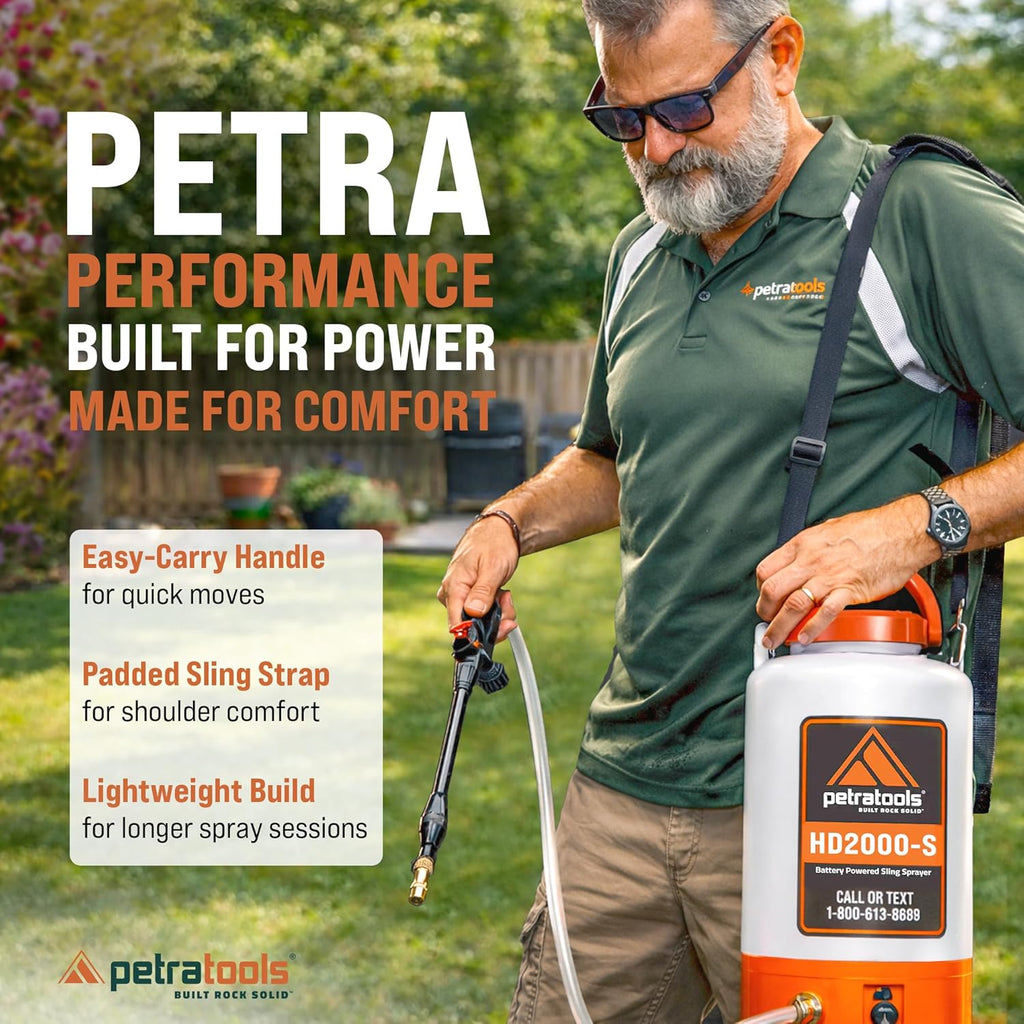 PetraTools HD2000-S 2 Gallon Battery Powered Garden Sprayer, 2 Hour Runtime | Weed Sprayer w/ 4 Ft Hose, Extendable