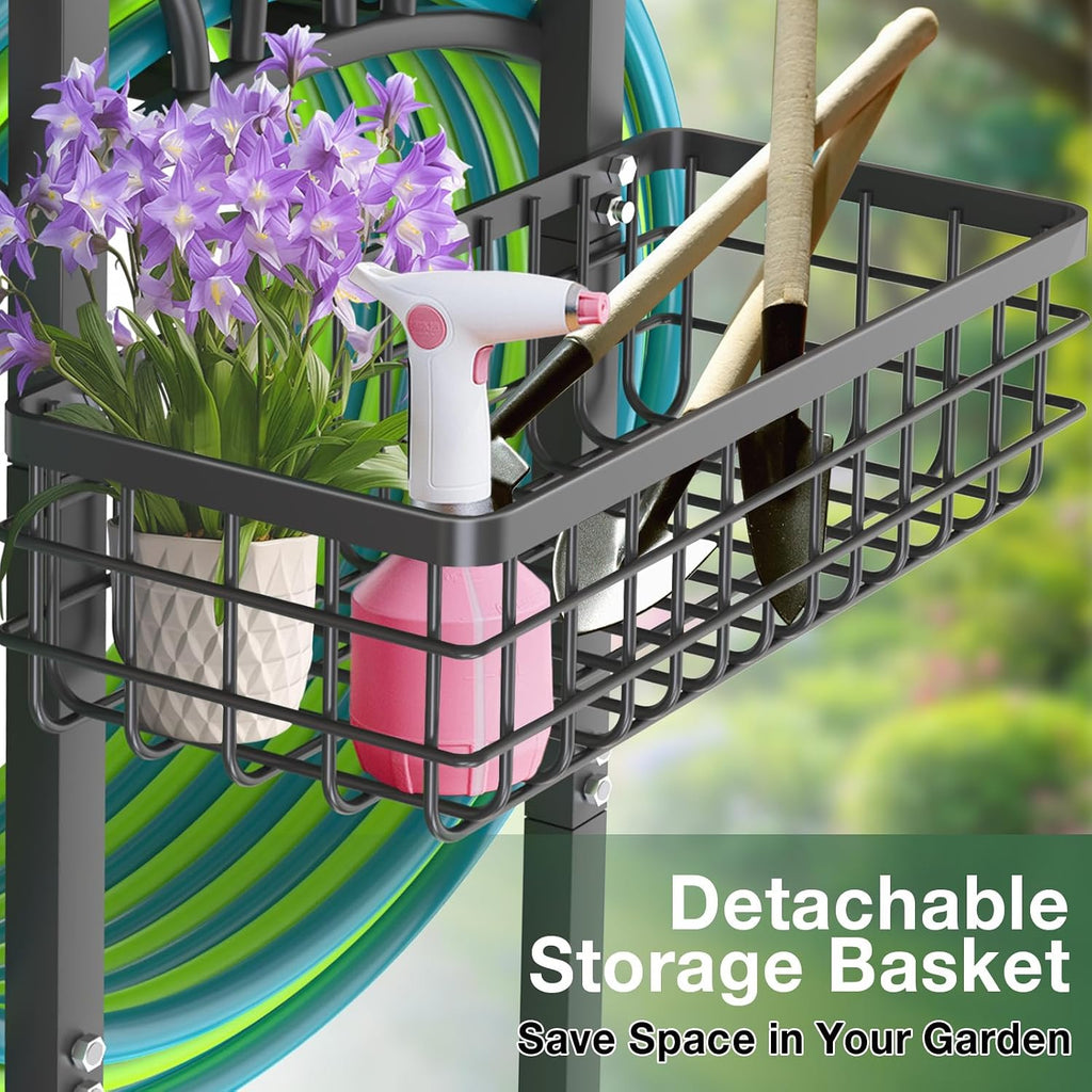 Qatsrin Garden Hose Holder with Large Basket, Heavy Duty Hose Reel, Black | Upgraded Water Hose Storage Stand Holds