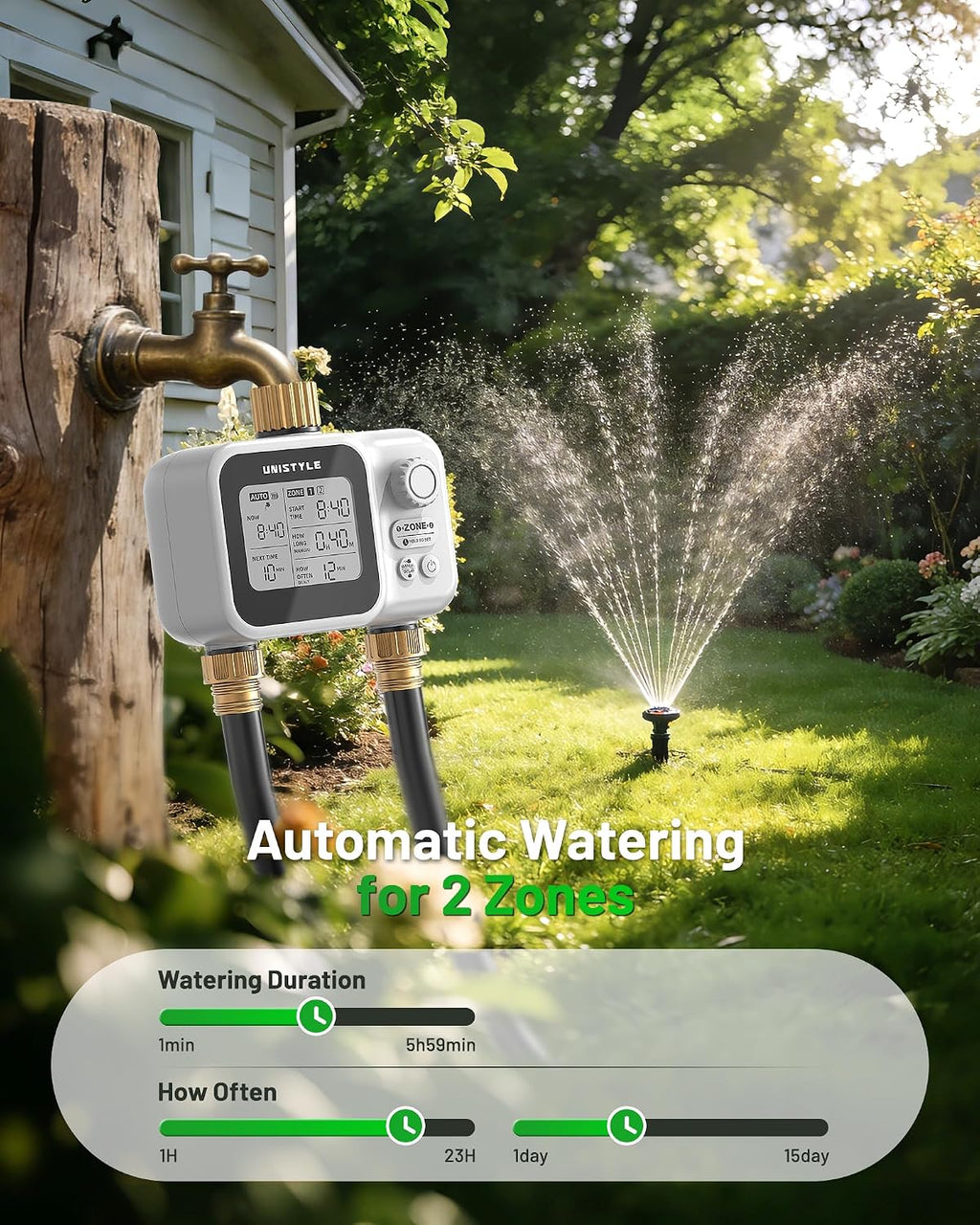 [All-New 2027] 2 Zone Ball Valve Sprinkler Timer Brass Inlet, Low-Pressure Starts at Zero Pressure, Unistyle Water