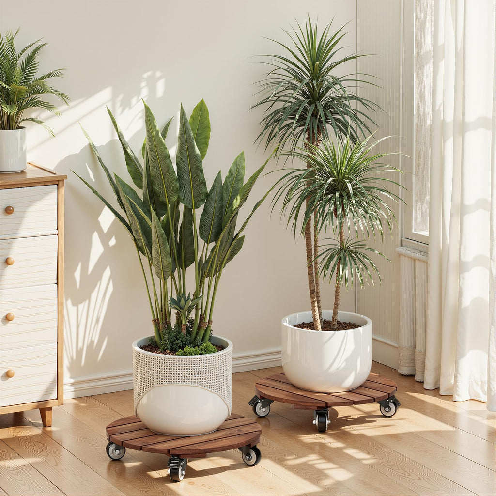 2pack Wood Plant Caddy With Wheels Heavy Duty Red Brown, 264 Lbs Capacity, 12 Inch Acacia Hardwood Plant Roller, Plant