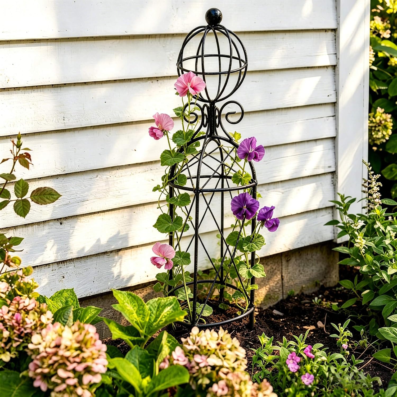 2-Pack Metal Garden Obelisk Trellis, 28" Geometric Sphere Plant Support | Tool-free assembly; fits 9–12in planters
