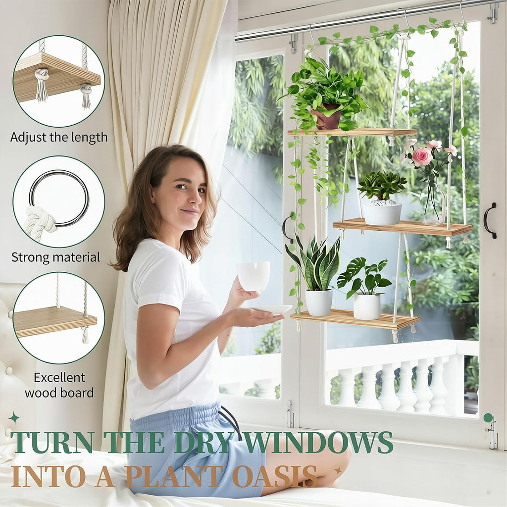 Window Plant Shelves 3-Tier Boho Window Sill Plant Shelf Indoor Hanging Wood Window Plant Hanger for Plants Herb