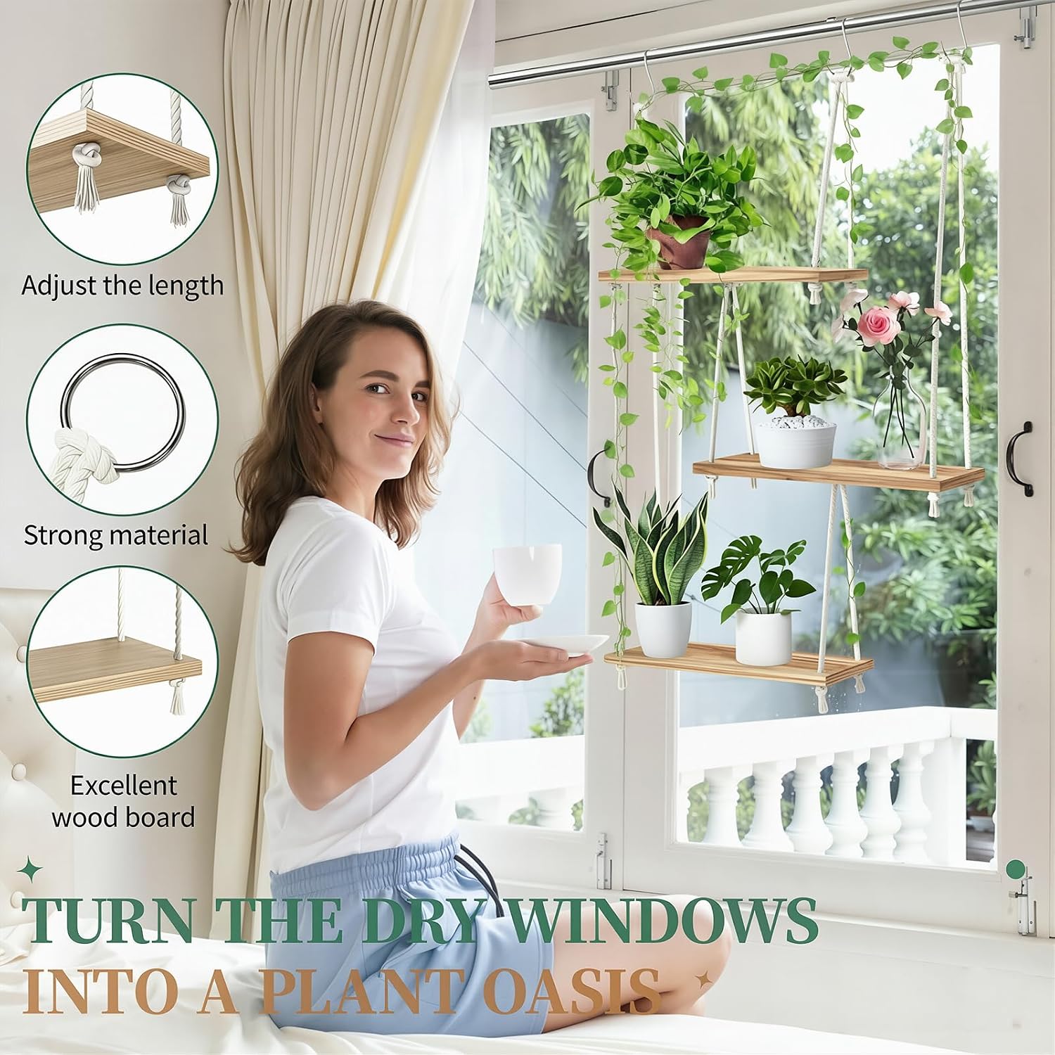 Window Plant Shelves 3-Tier Boho Window Sill Plant Shelf Indoor Hanging Wood Window Plant Hanger for Plants Herb