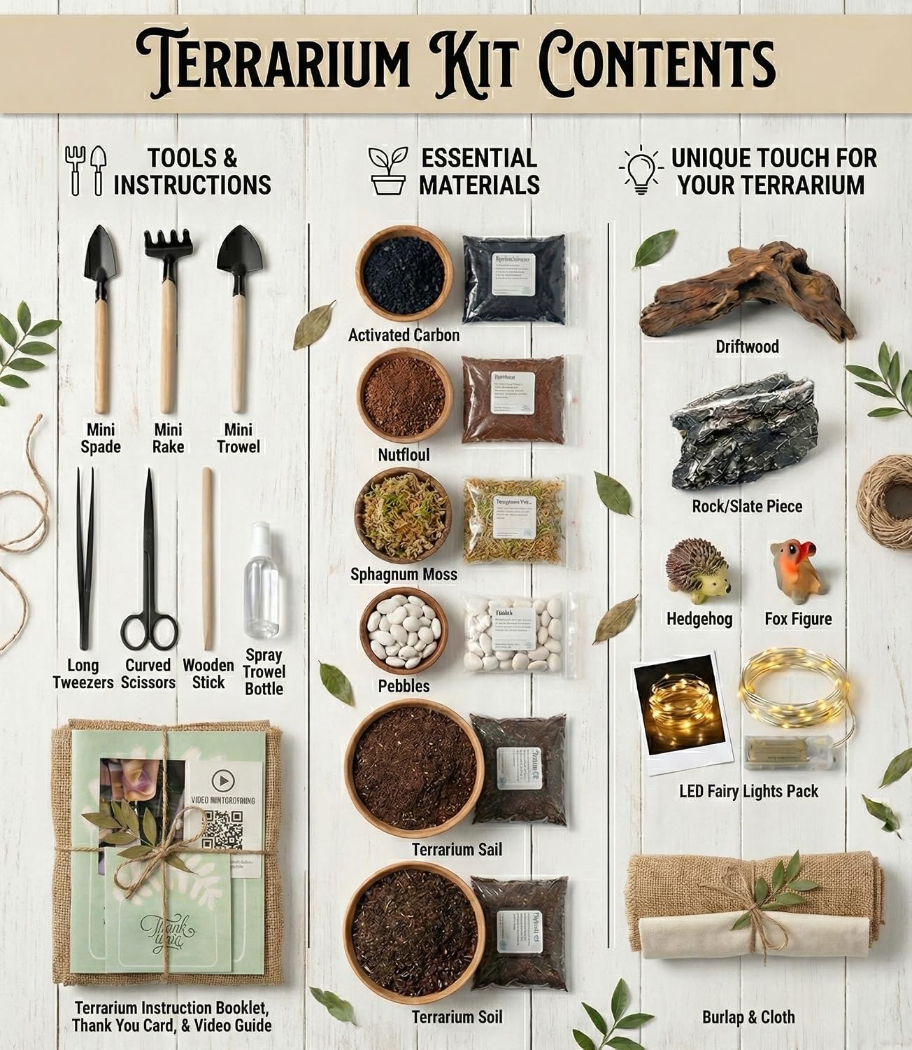 DIY Terrarium Kit | Pebbles Sphagnum Moss Activated Carbon Burlap Peat Moss Tools | Terrarium Supplies (Advanced)