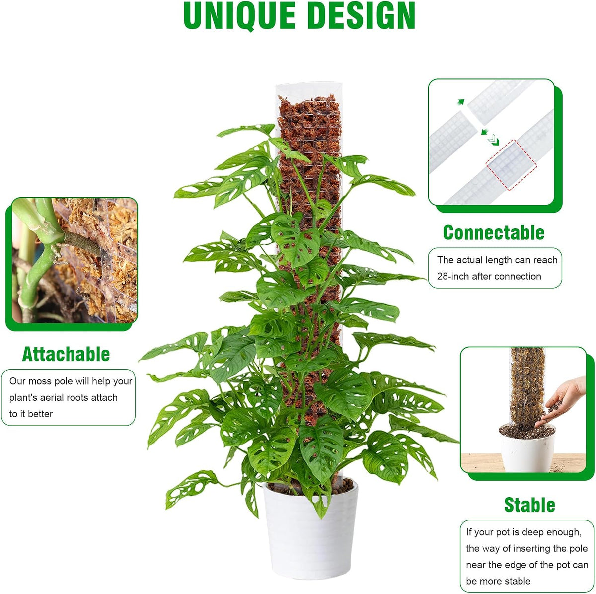 4-Pack 15-Inch Plastic Moss Poles for Monstera & Climbing Plants - Stackable to 60 Inches, Includes Sphagnum Moss &