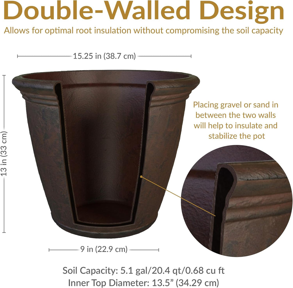 Sunnydaze Anjelica 15.25'' Large Plastic Planter Pot for Plants, Rust | 5.1-Gallon Capacity, Large Plastic Planter for