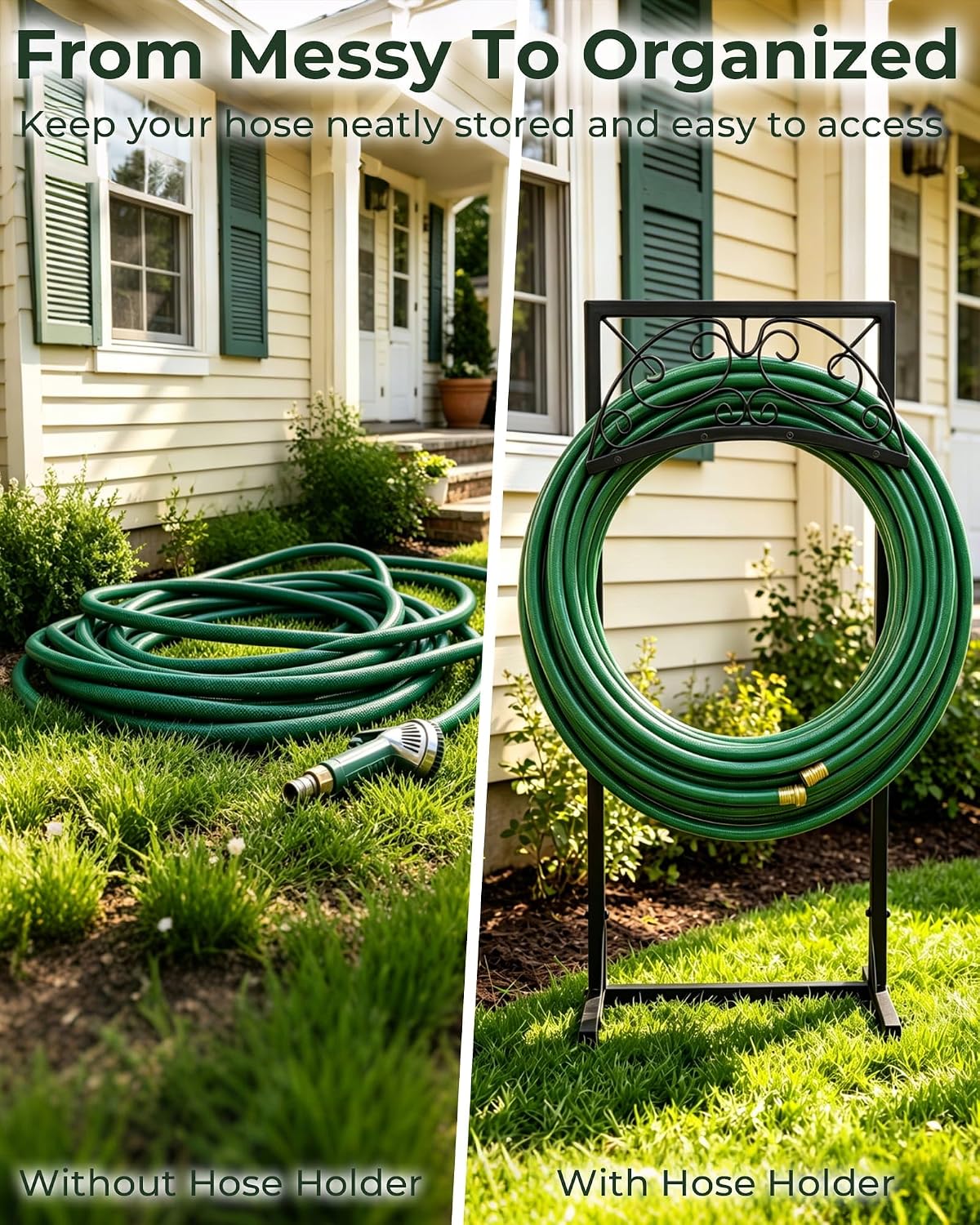 Garden Hose Holder Stand, Heavy Duty Freestanding Metal Rack | Reinforced Triangle Support, Dual Ground Stakes &