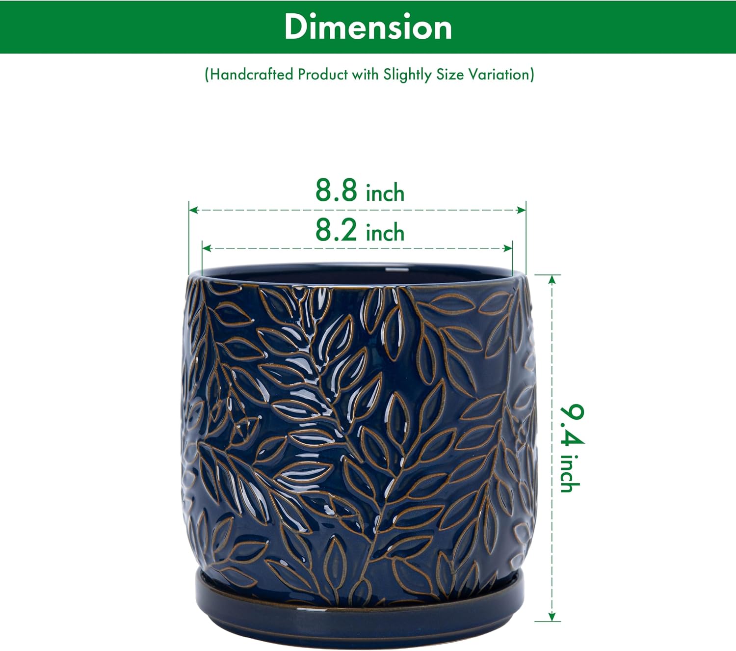 D'vine Dev Embossed Leaves Ceramic Planter, 8 in, Midnight Blue, 27-A-Q-3 | Nature-Inspired Leaf Pattern, Handcrafted