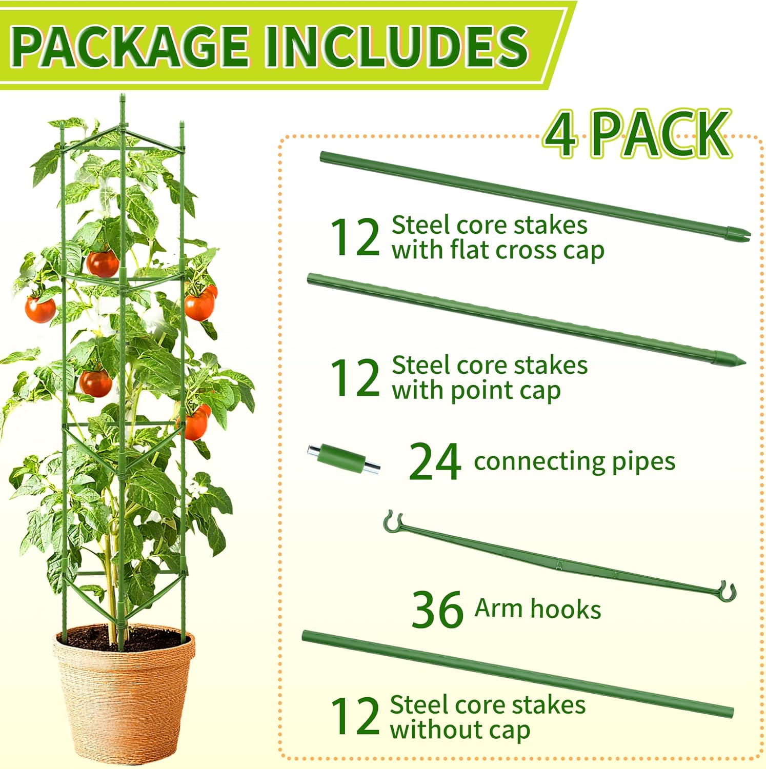4 Pack 48 Inch Tomato Cages for Garden, Triangle Metal Plant Support with Rust-Resistant Coating, Heavy Duty Tomato