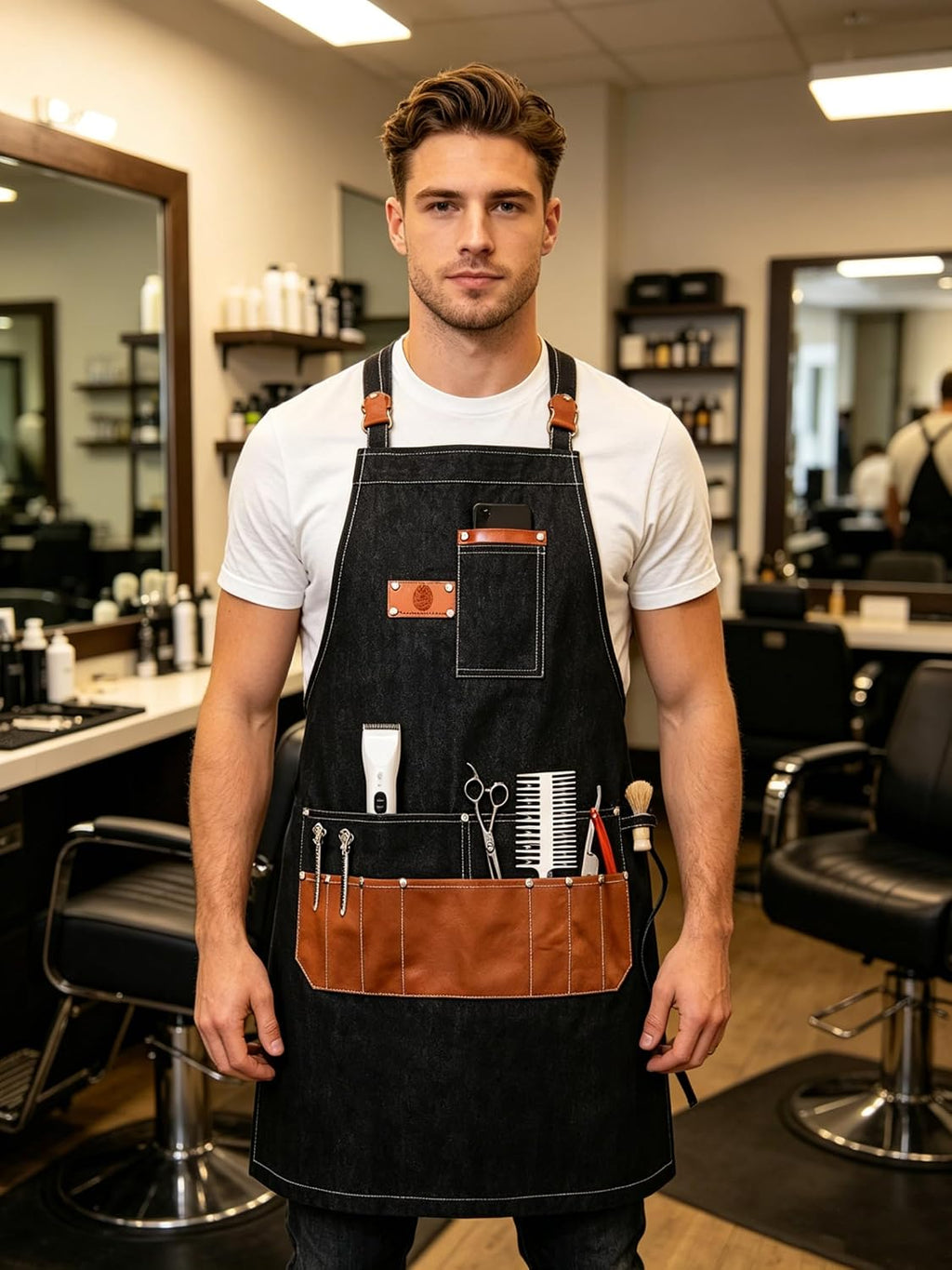 Denim Apron with Big Pockets Adjustable Cooking Apron Jean for Hair Stylist Gardening Craftsmen Barista Hairdresser