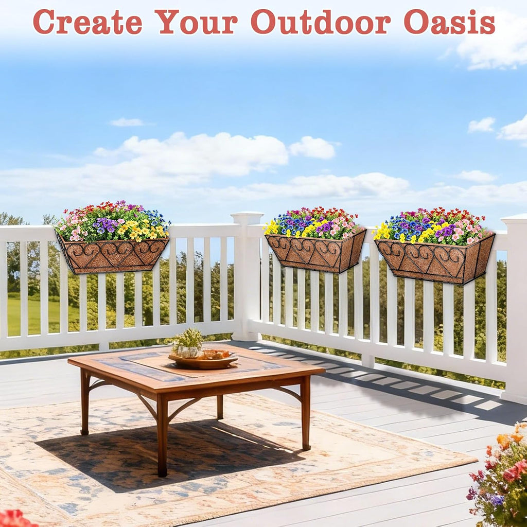 Halatool Railing Planter Box with Artificial Flowers, All Season Home Decor | 16 Inch Metal Window Box with Coco